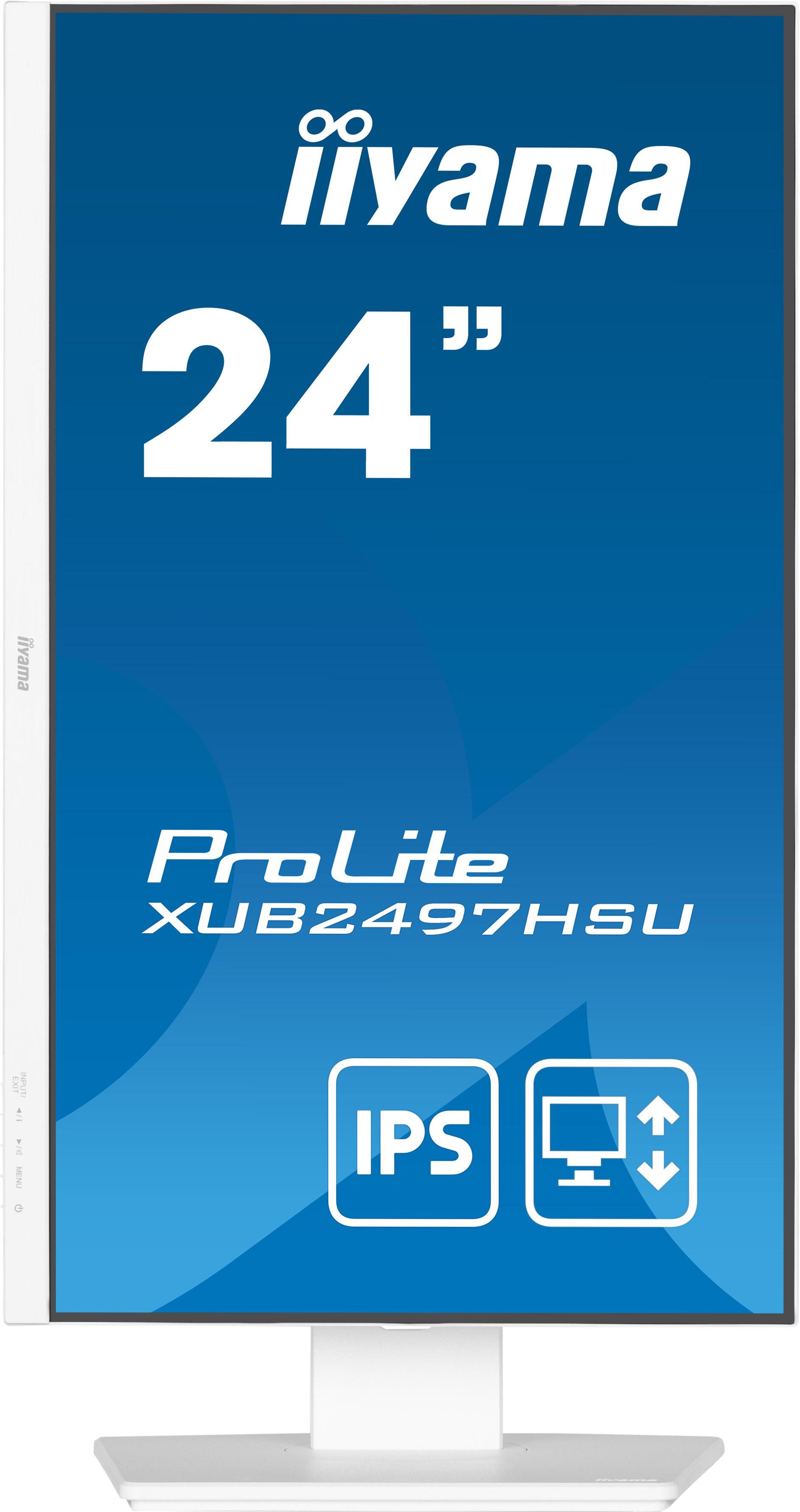 Ein Iiyama 24" ProLite XUB2497HSU IPS Monitor. Er hat einen weißen Sockel und einen blauen Bildschirm mit weißem Text und Logos.