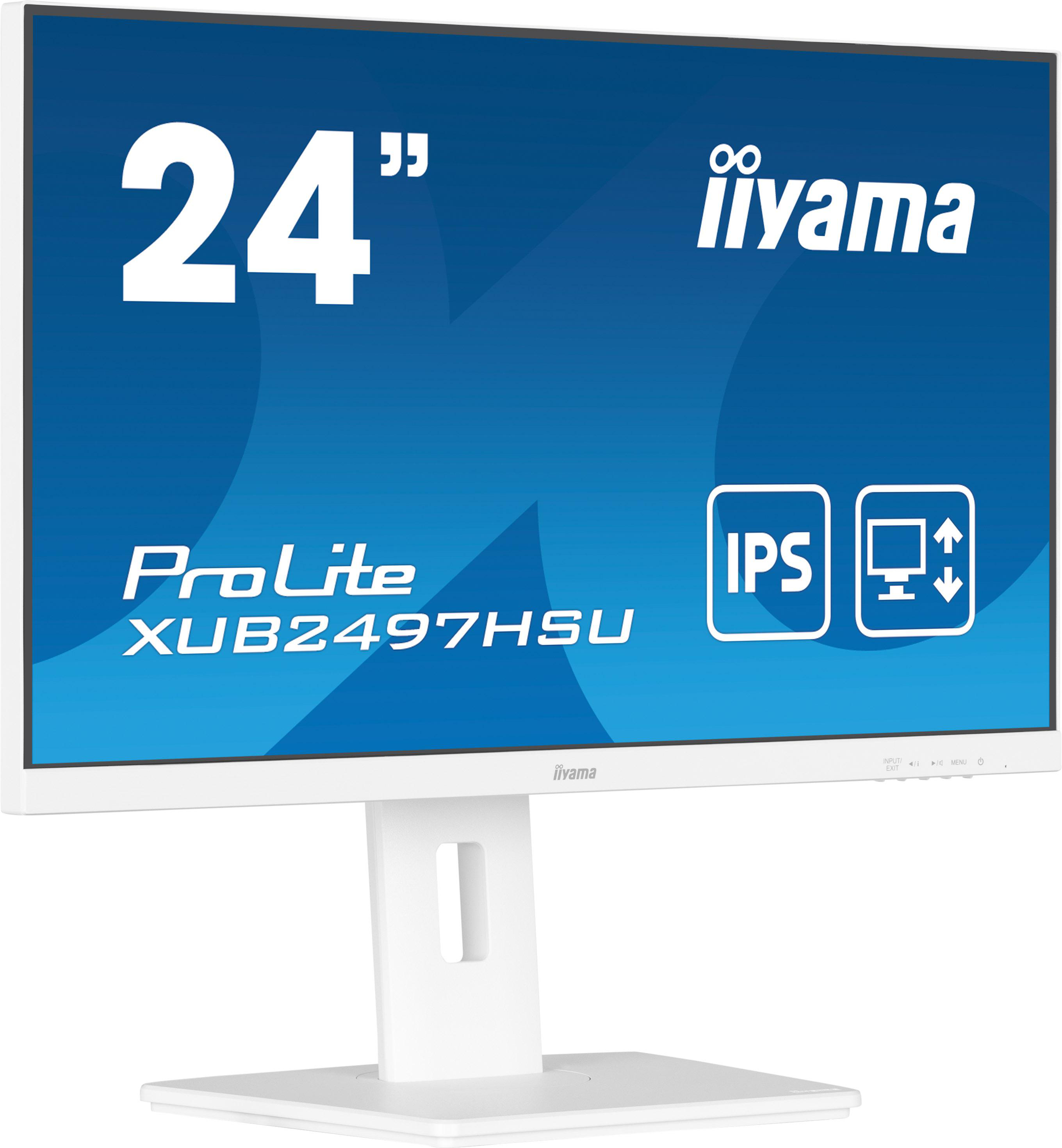 Weißer iiyama-Monitor. Zeigt 24", ProLite XUB2497HSU-Text, IPS und Bildschirmsymbole.