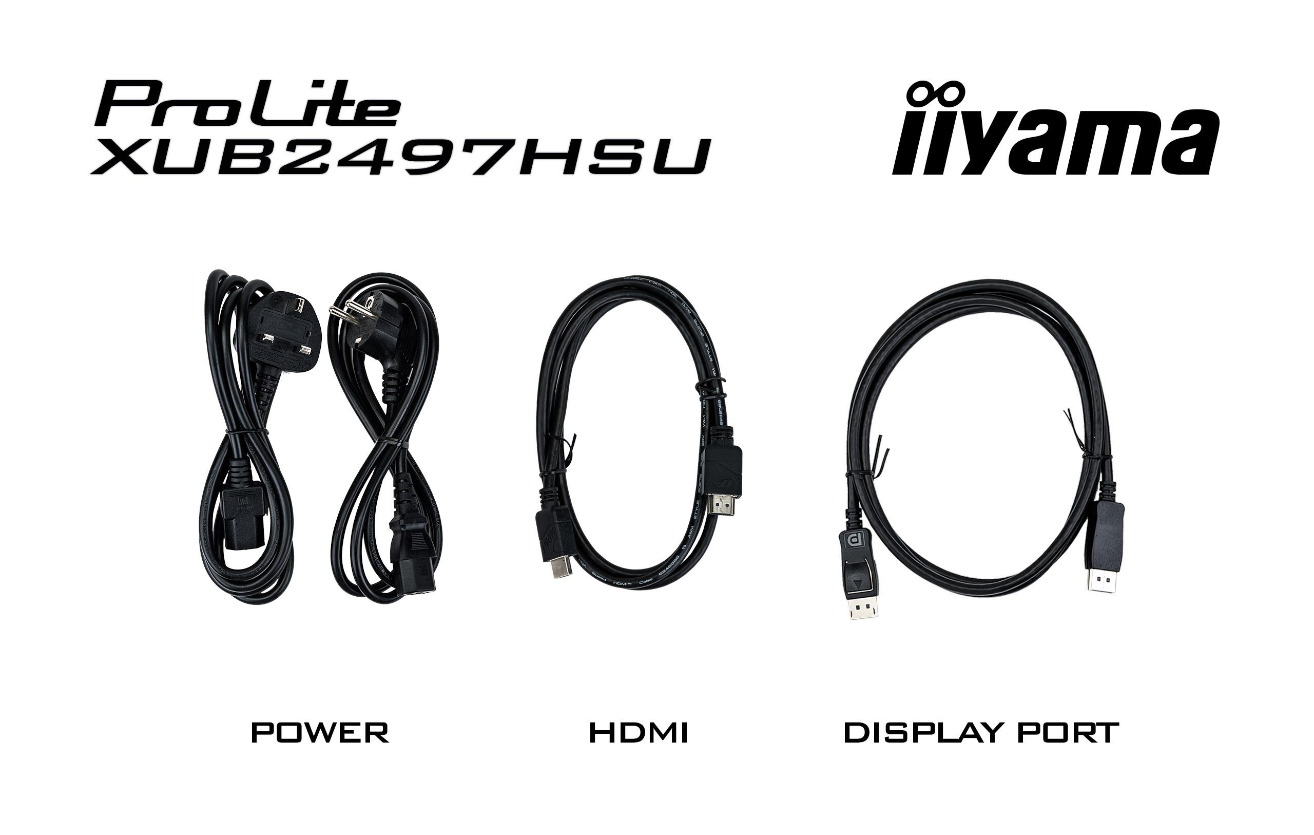 Drei schwarze Kabel: Strom, HDMI und Displayport. Texte: ProLite XUB2497HSU, iiyama.