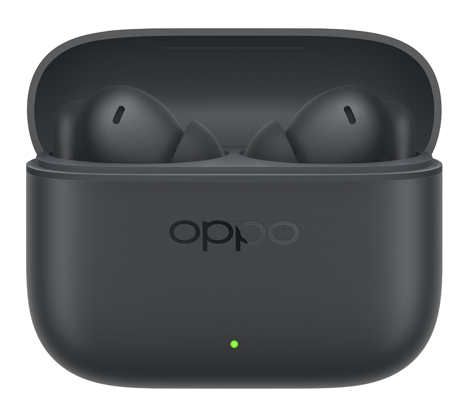 Czarne słuchawki Oppo w otwartym etui ładującym. Etui ma logo Oppo i zielone światło. Czarne tło.
