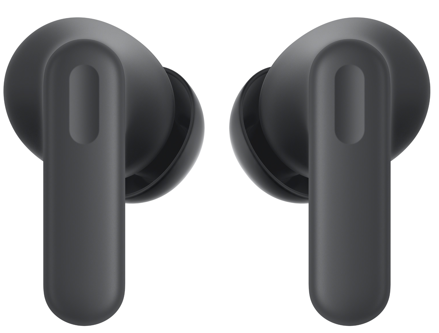 Dwa szare bezprzewodowe słuchawki na białym tle. Każda ma zaokrągloną górę i cylindryczną nóżkę.