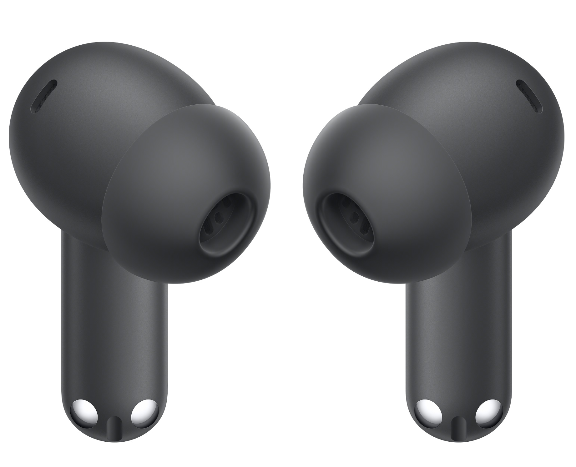 Dwa ciemnoszare bezprzewodowe słuchawki na białym tle. Każda ma zaokrągloną główkę i trzpień z jasnymi otworami.