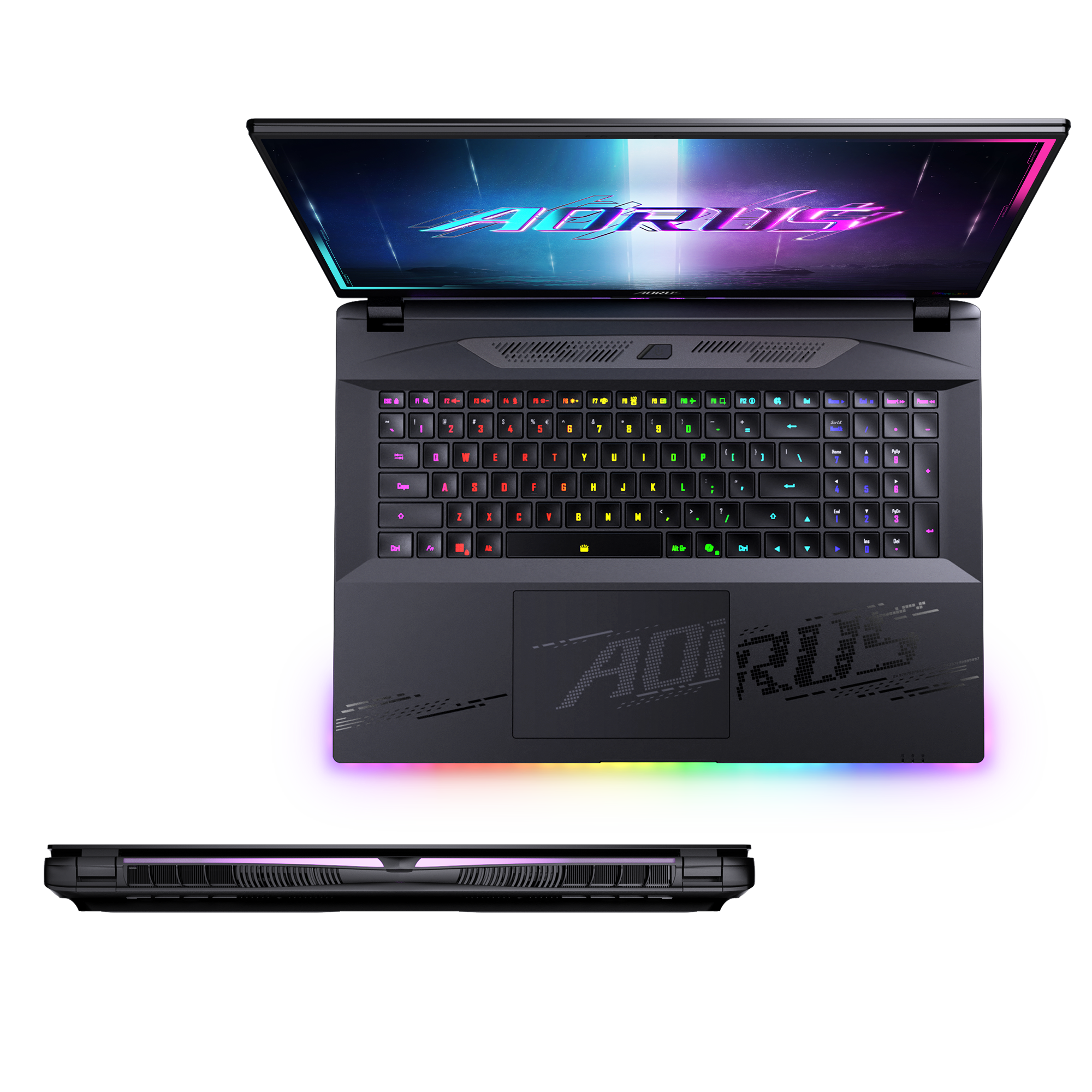 Schwarzer Laptop mit farbenfroher Tastaturbeleuchtung. Der Bildschirm zeigt ein Logo. Hat Regenbogenlichter unter dem Boden.