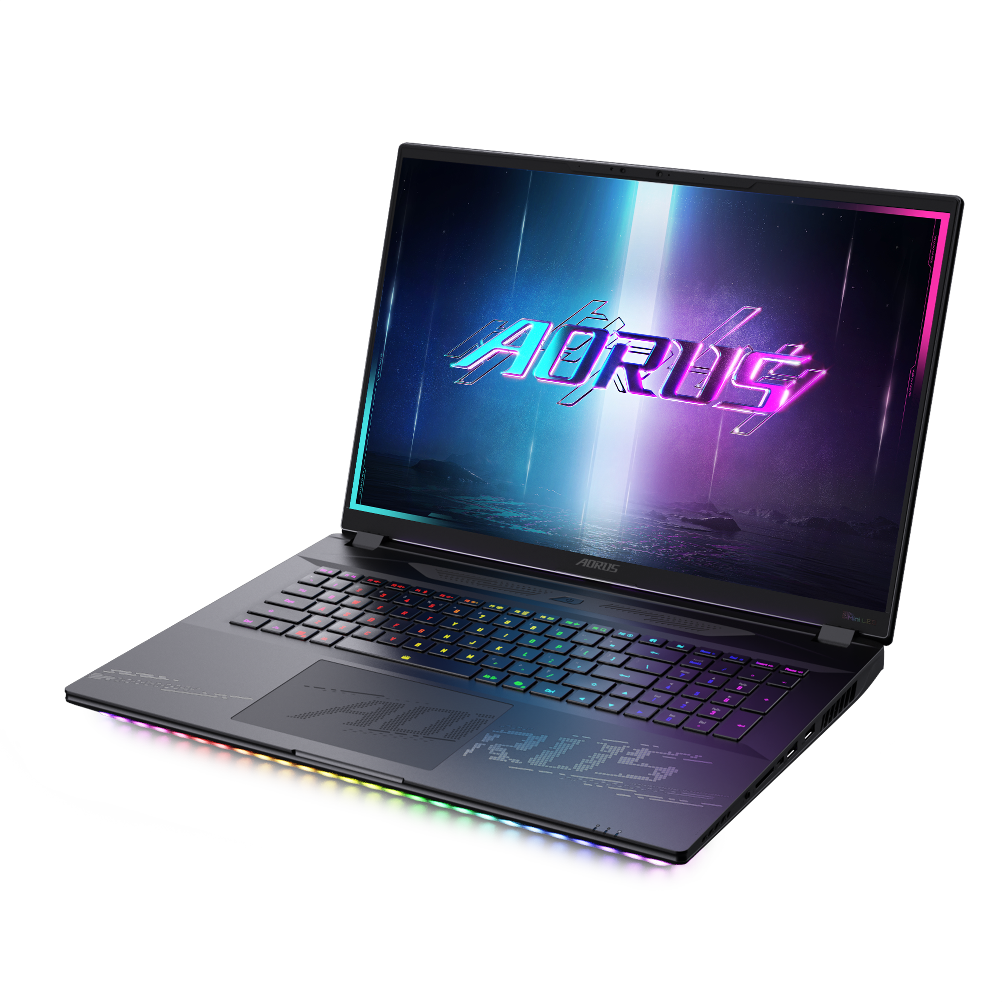 Schwarzer Laptop mit hellem Bildschirm mit Logo. Die Tastatur ist mehrfarbig beleuchtet. Hat ein Regenbogenlicht am Boden.