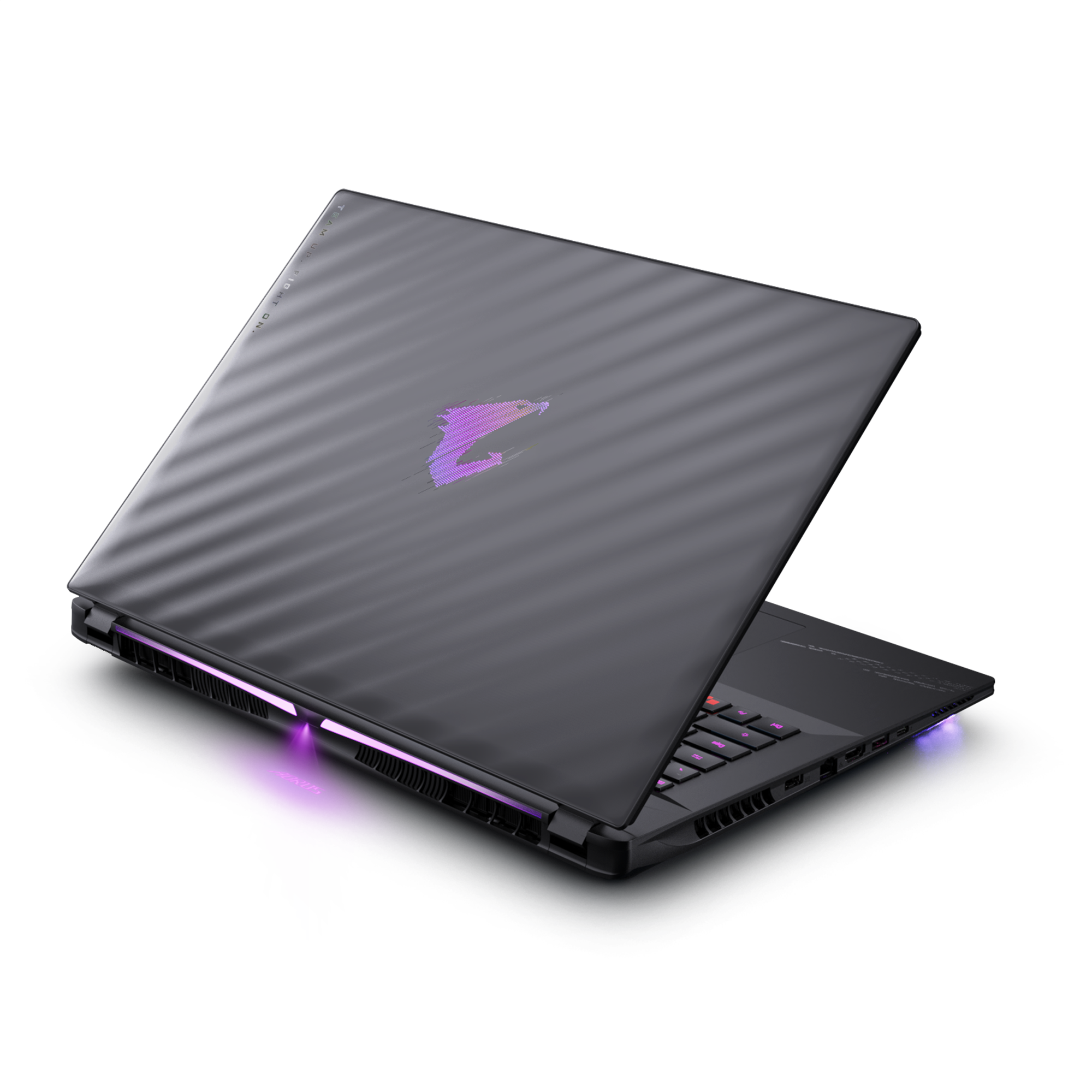 Schwarzer Laptop von oben gesehen, der Deckel ist leicht geöffnet. Das Logo ist auf dem Deckel sichtbar. Die Tastatur ist innen sichtbar.