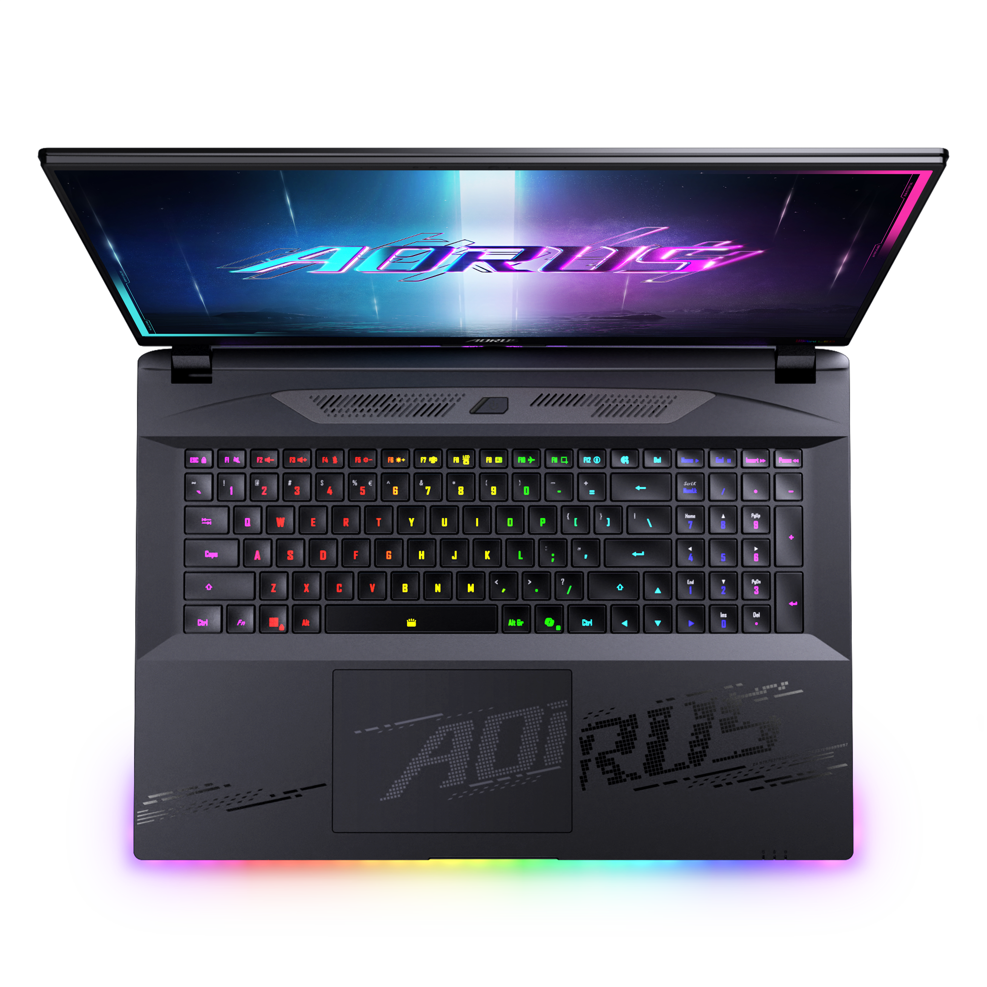 Schwarzer Laptop mit Logo auf dem Bildschirm. Die Tastatur ist mehrfarbig beleuchtet. Der Sockel hat ein Regenbogenlicht. Draufsicht.
