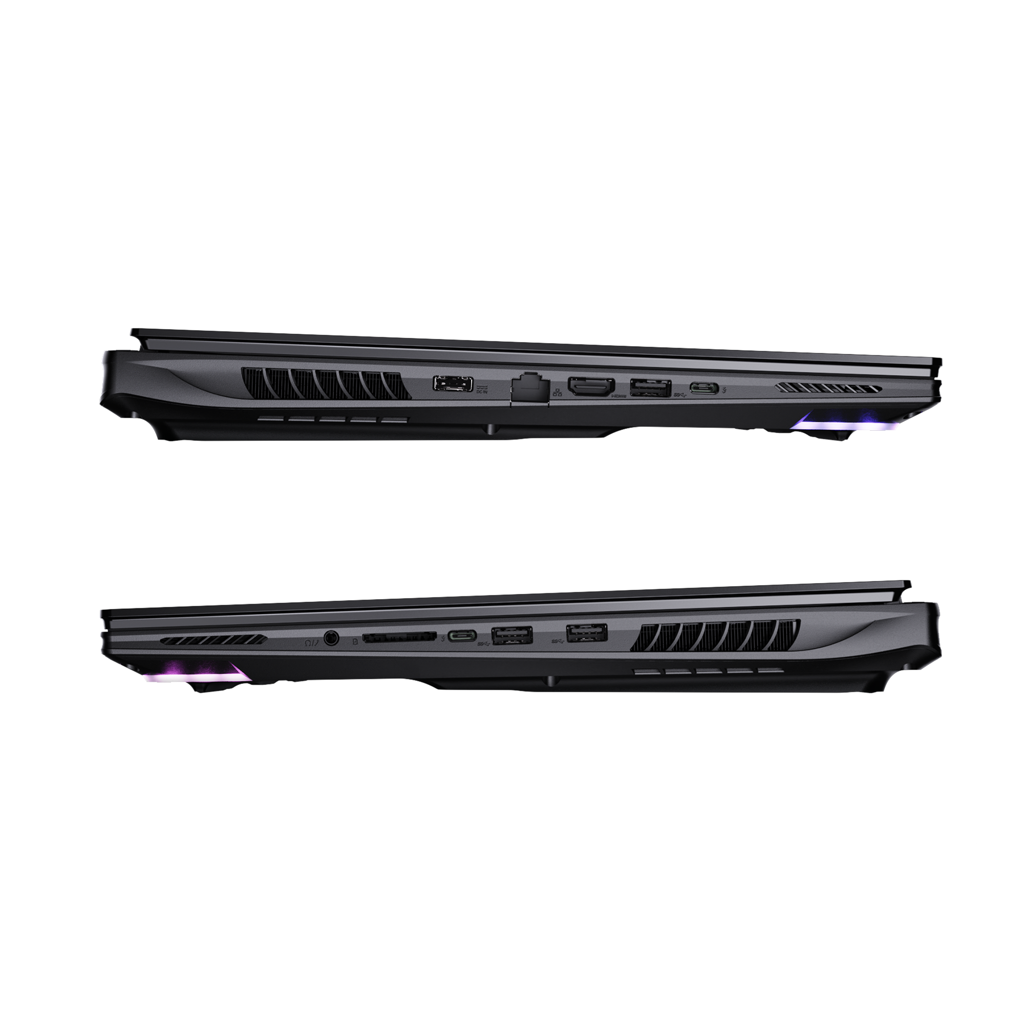 Zwei schwarze Laptops von der Seite. Anschlüsse und Lüfter sind an den Seiten sichtbar. Der Boden hat ein Regenbogenlicht.