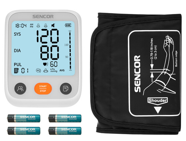 Ciśnieniomierz z mankietem, bateriami, pokazujący wyniki 120/80, puls 60, godzina 18:04.