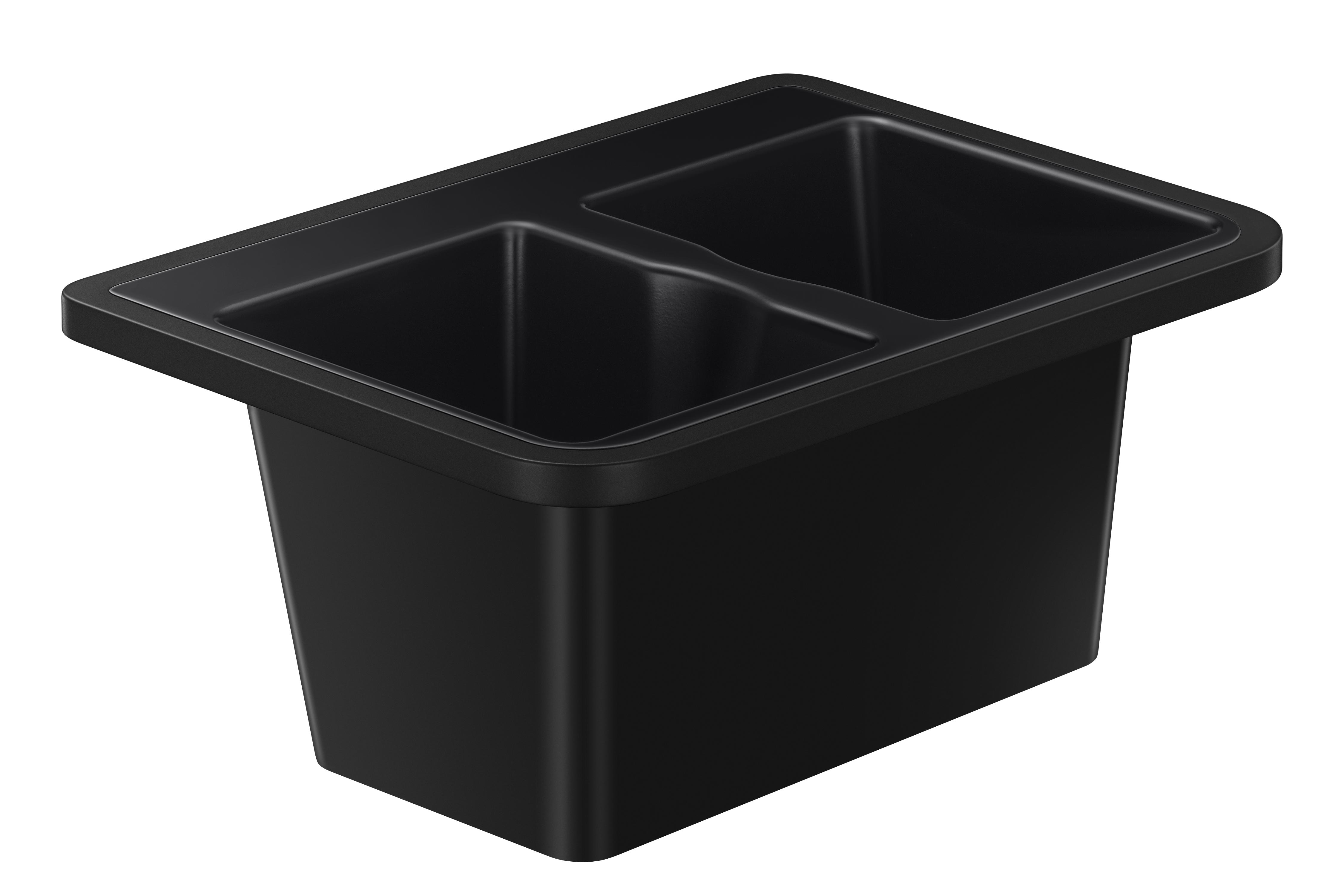 Schwarze, rechteckige Tropfschale mit zwei Fächern.