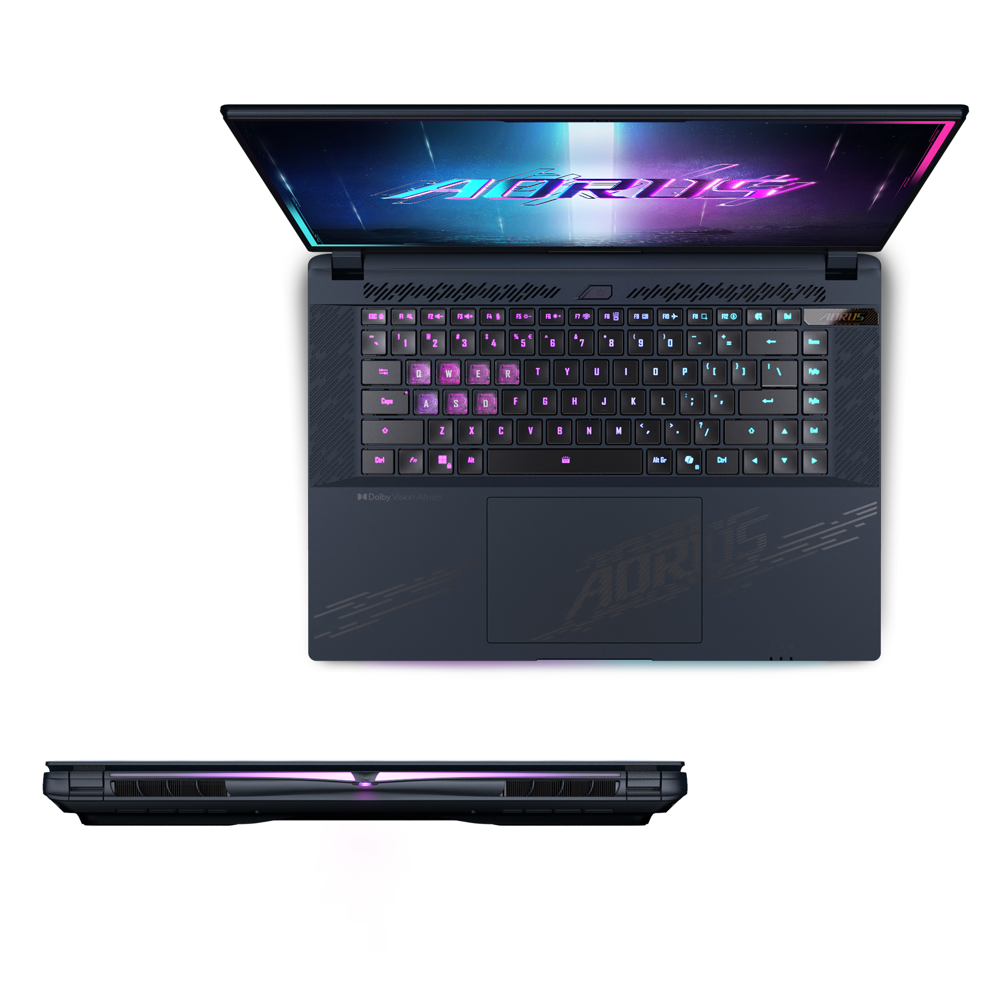Laptop von oben, Tastatur beleuchtet, AORUS auf dem Bildschirm und rosa Licht.