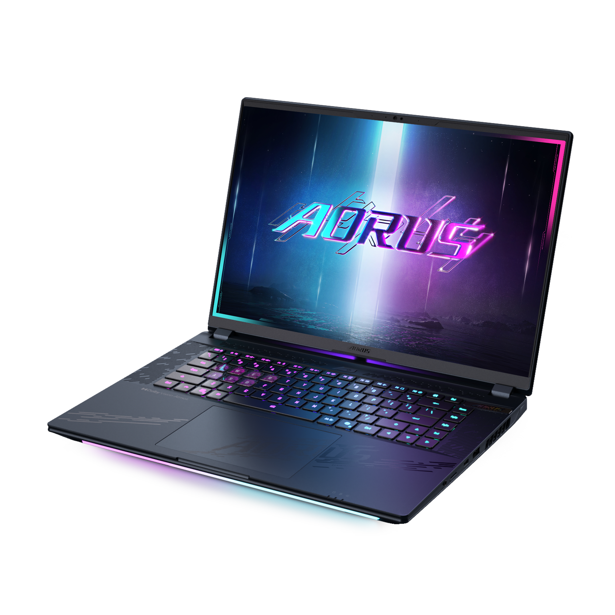 Laptop in einem Winkel, AORUS-Anzeige, beleuchtete Tastatur und Basis, dunkle Töne.
