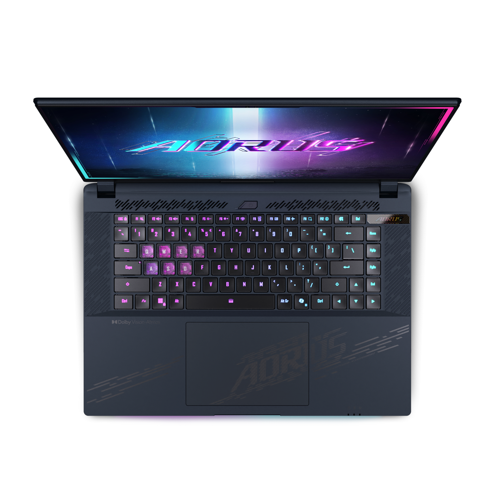 Laptop-Draufsicht, Tastatur beleuchtet, AORUS-Logo auf der Basis und dunkler Hintergrund.