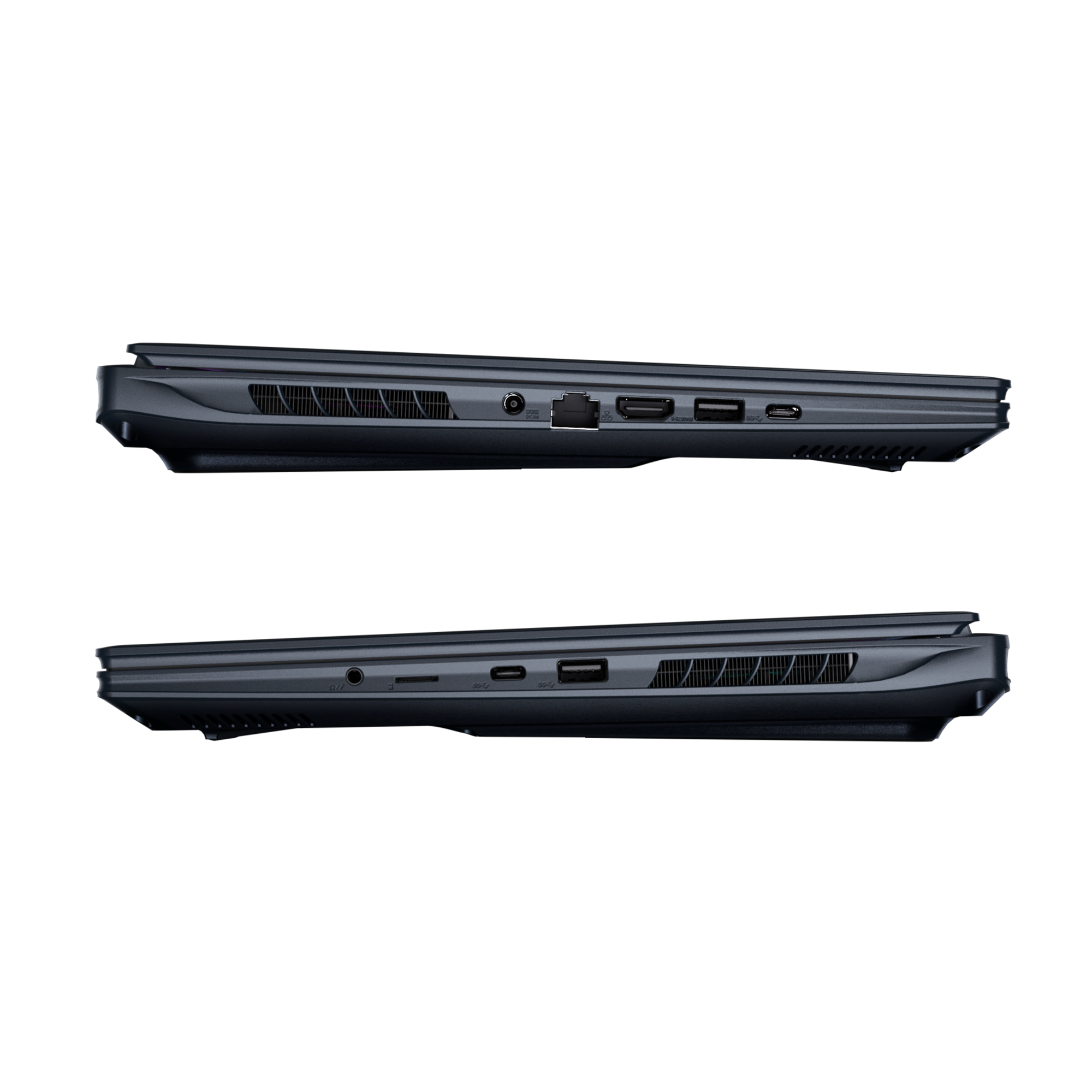 Laptop-Seitenansichten, mit Anschlüssen und Lüftungsschlitzen an den Seiten, dunkle Farbe.