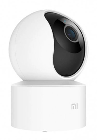 Biała kamera bezpieczeństwa na białej podstawie. Ma czarny obiektyw i jasnoniebieskie światło. Poniżej znajduje się logo Xiaomi.