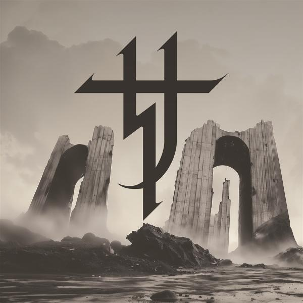Albumcover mit einem schwarzen Symbol über einer Landschaft.