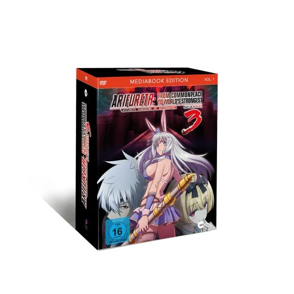 DVD-Box-Set. Anime-Kunstwerk einer Frau mit Stab, zwei Figuren und der Zahl 3.