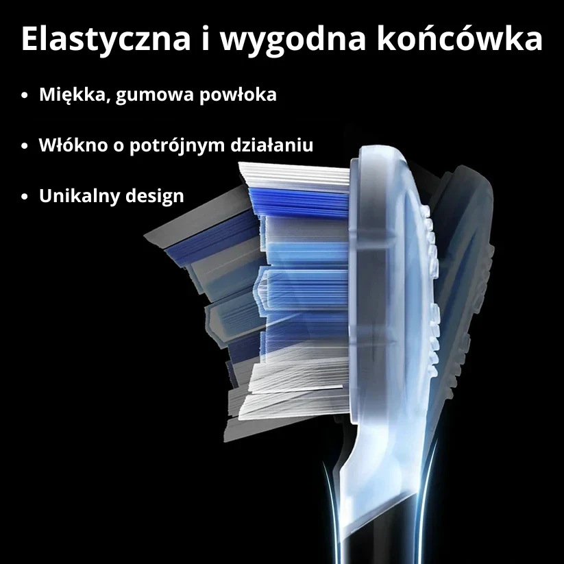 Zbliżenie główki szczoteczki do zębów pokazujące włosie i konstrukcję główki.
