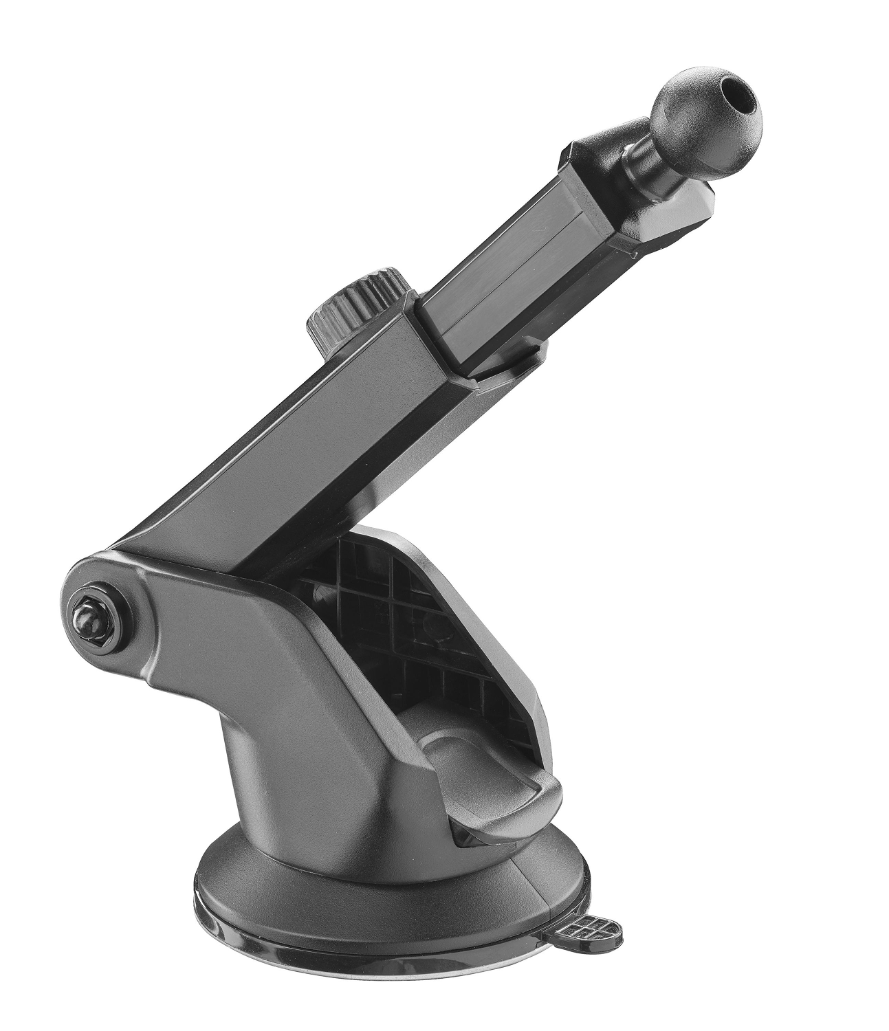 Un soporte negro para teléfono con base de ventosa y brazo ajustable.