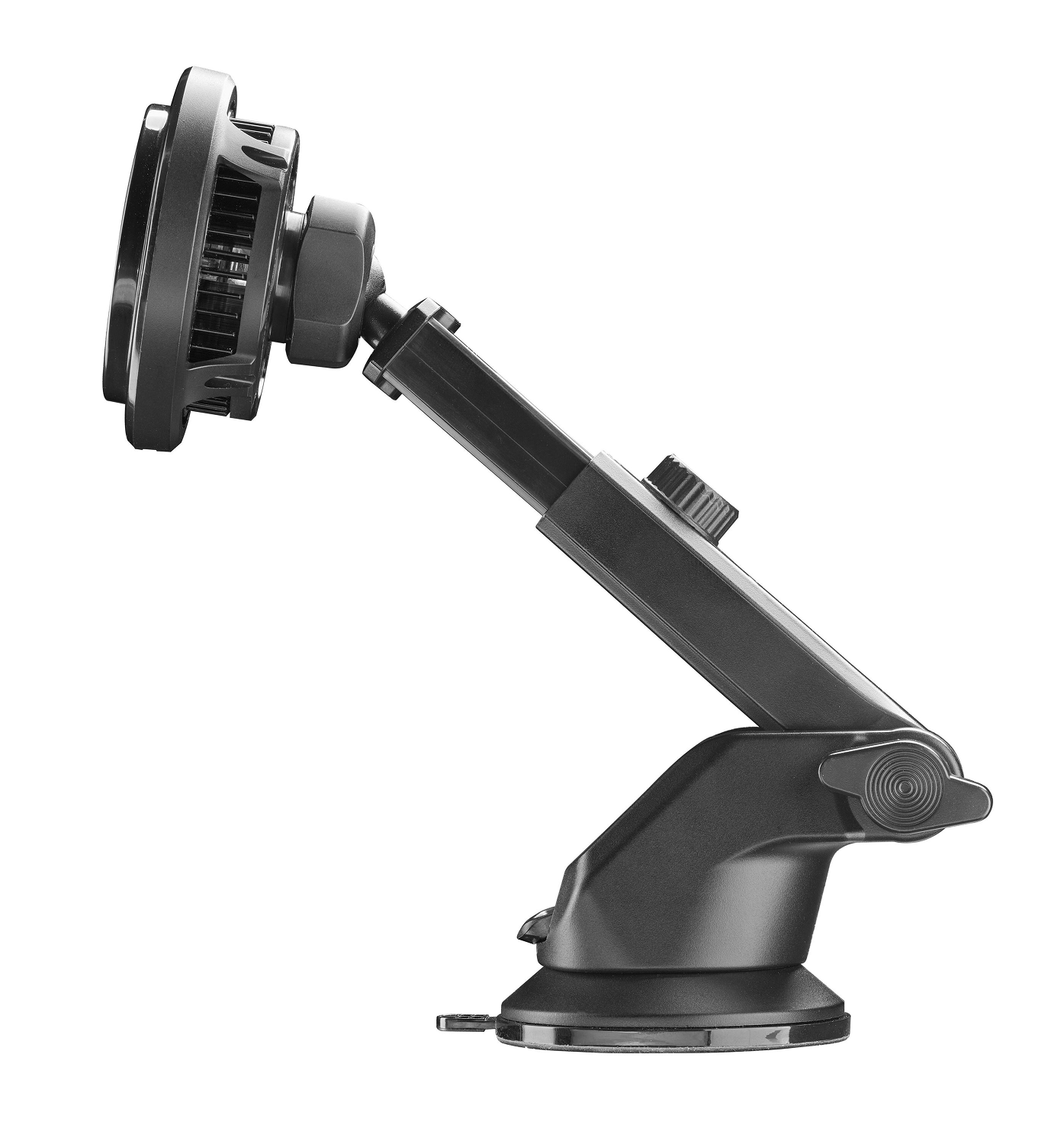 Un soporte negro para teléfono con base de ventosa, brazo ajustable y plataforma de carga inalámbrica.