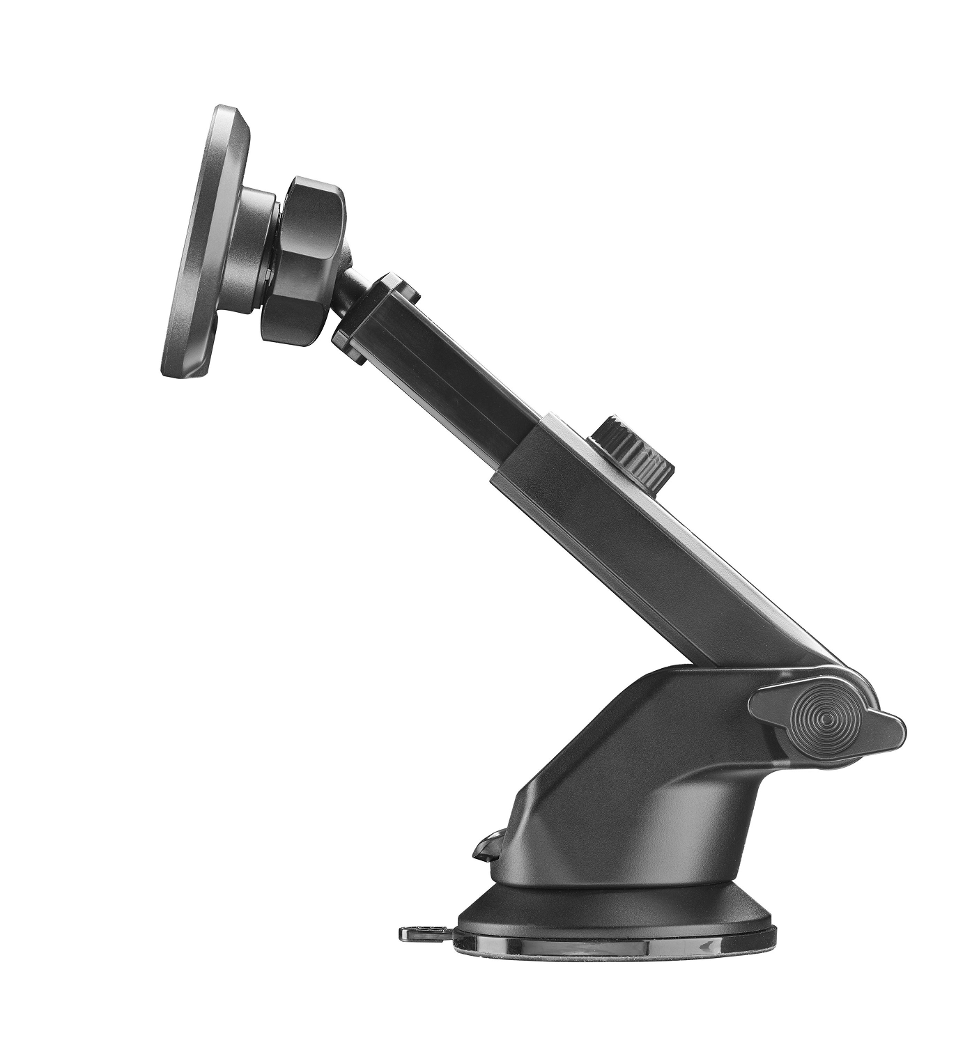 Soporte negro para teléfono con base de ventosa y brazo ajustable, aislado sobre fondo blanco.