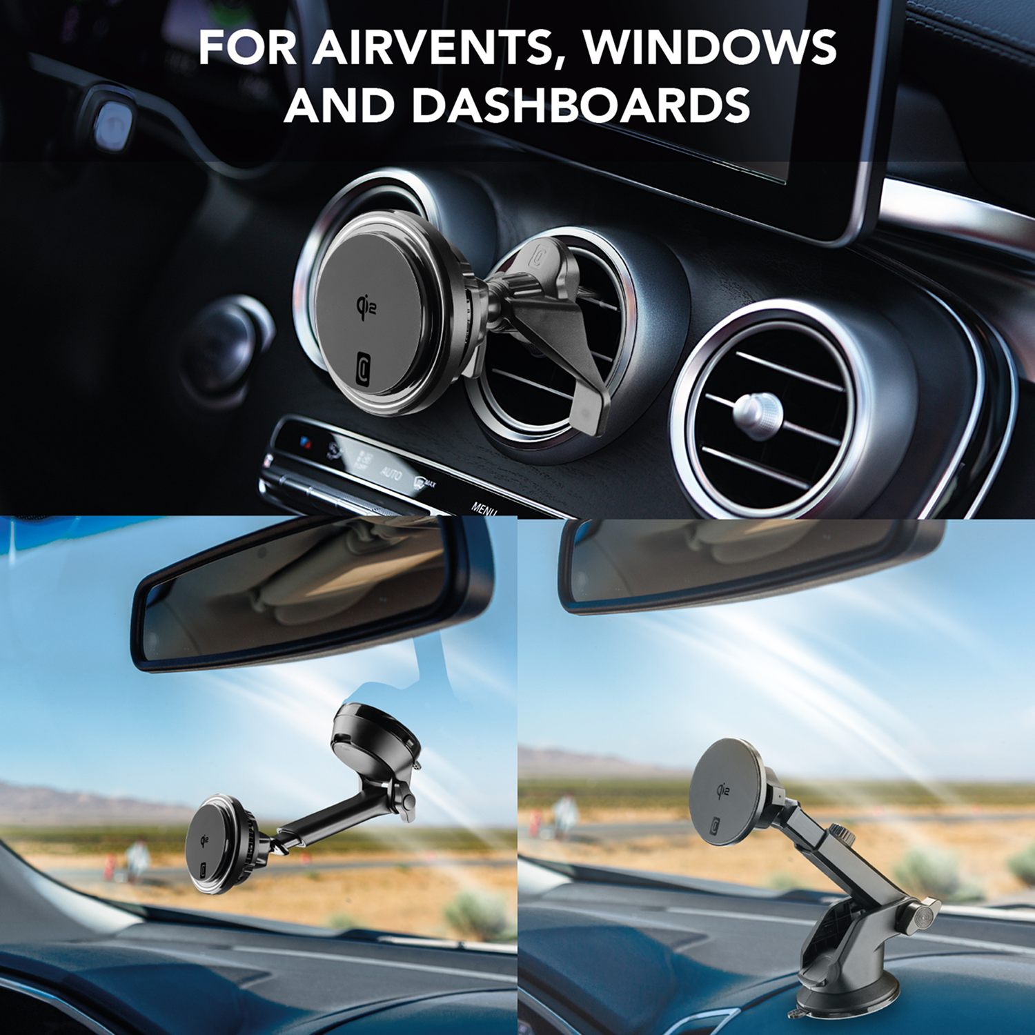 Soportes para teléfono de coche en diferentes superficies y ventilaciones.