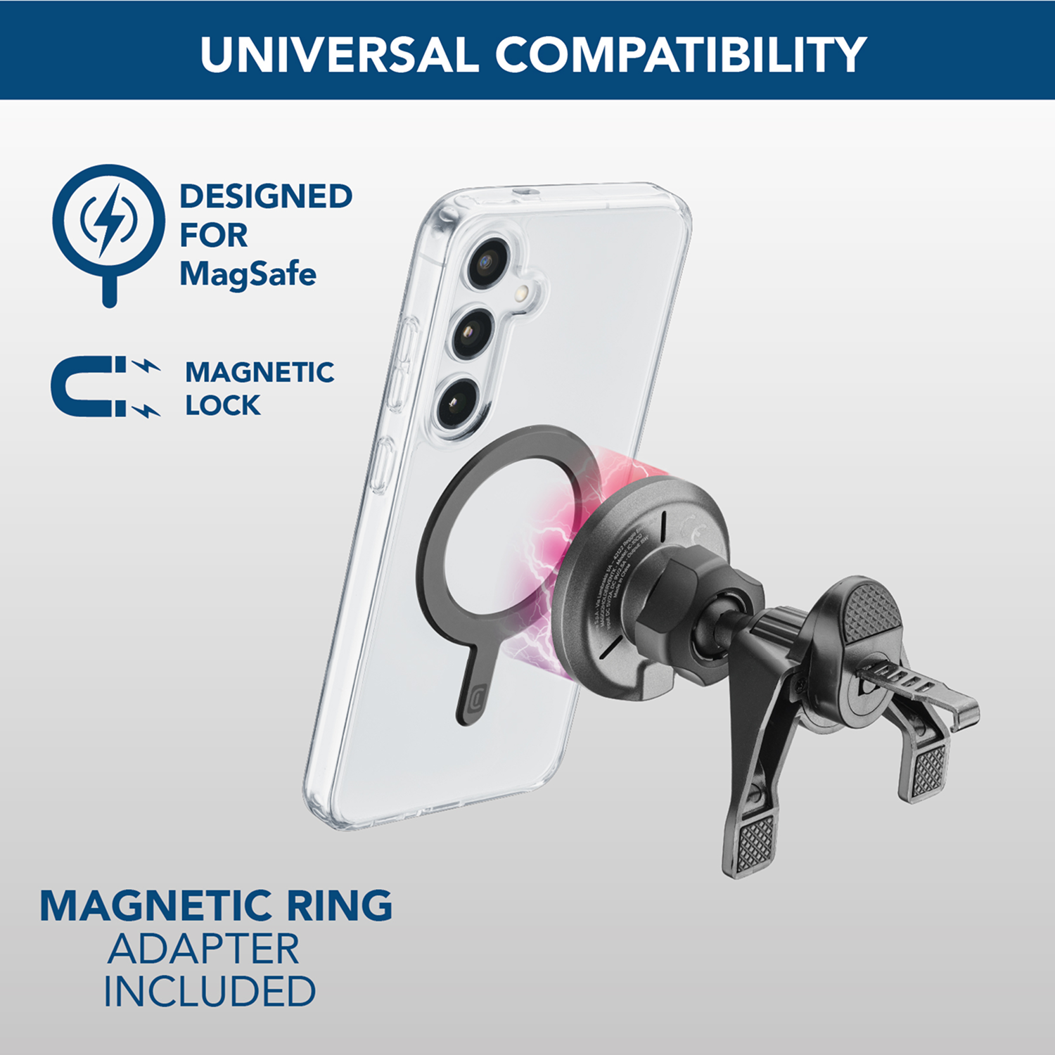 Teléfono en funda conectado a un soporte para coche con un adaptador de anillo magnético.
