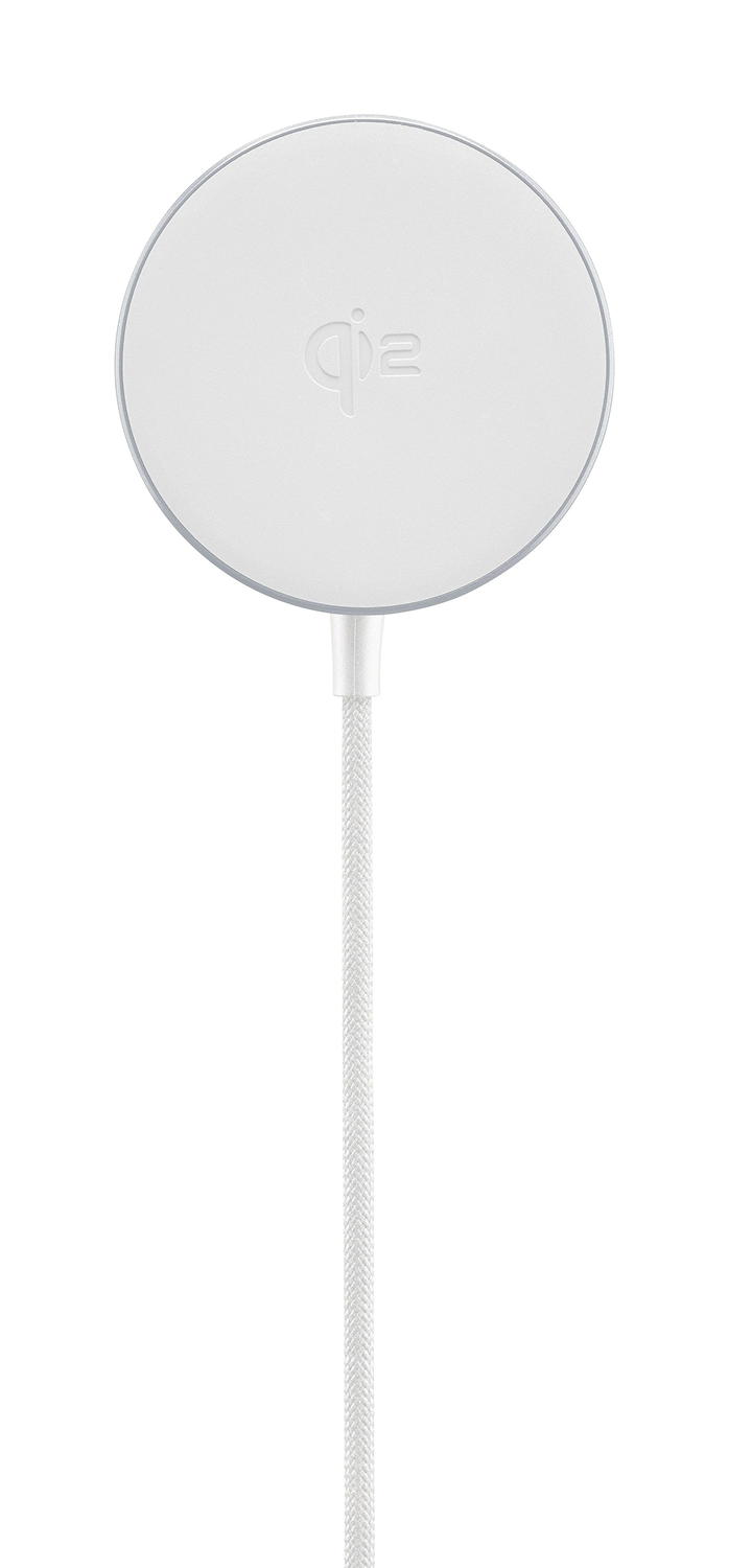 Almohadilla de carga inalámbrica blanca con cable blanco.