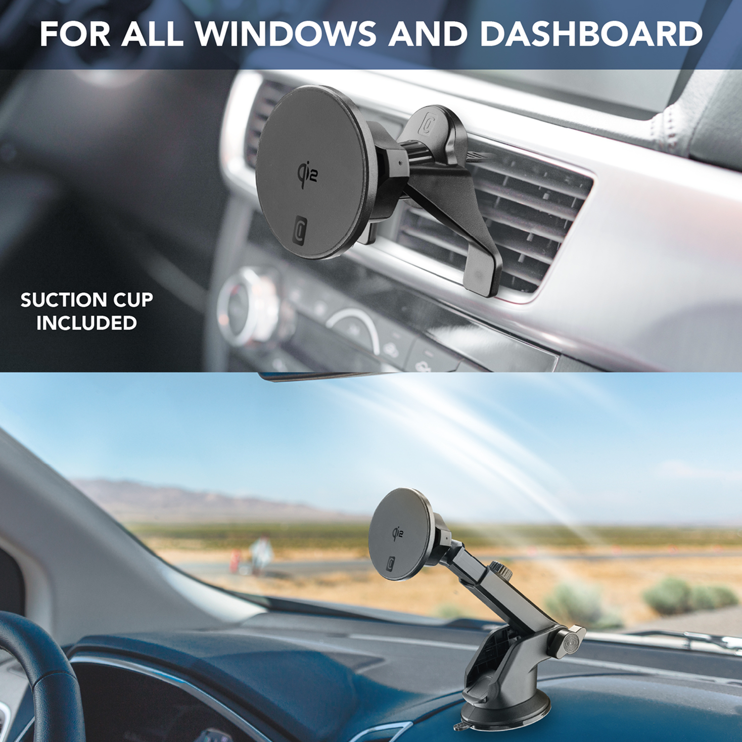Soporte para coche para todas las ventanas y salpicadero. Muestra el soporte en una rejilla de ventilación y en el salpicadero.