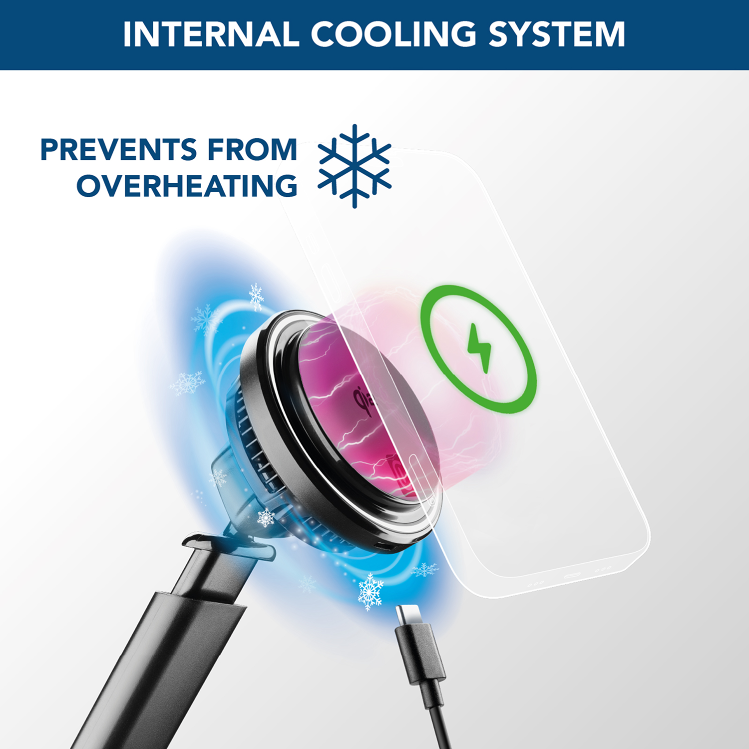 Cargador inalámbrico con sistema de refrigeración interno, que evita el sobrecalentamiento. Teléfono sobre la base.