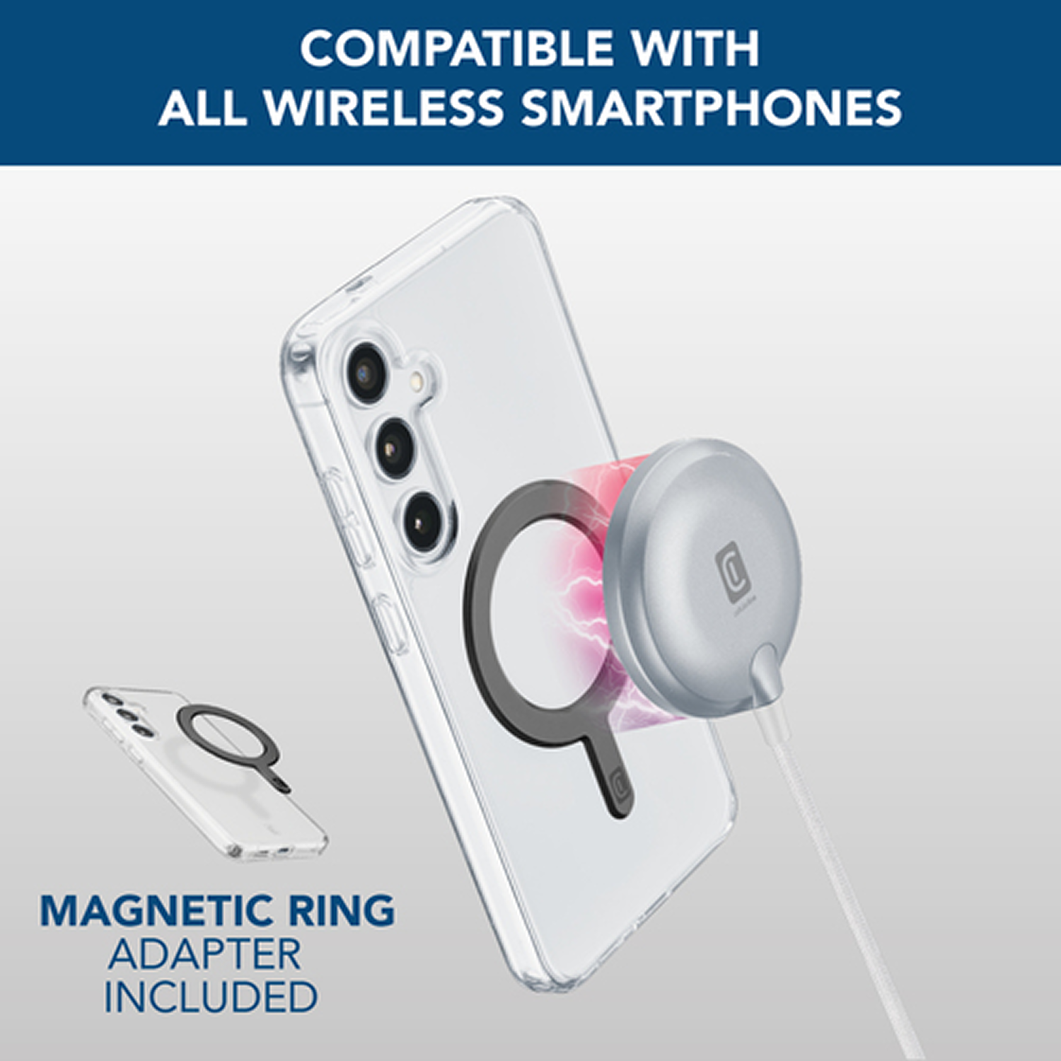 Teléfono en funda transparente con adaptador de anillo magnético. Un cargador inalámbrico está conectado al teléfono.