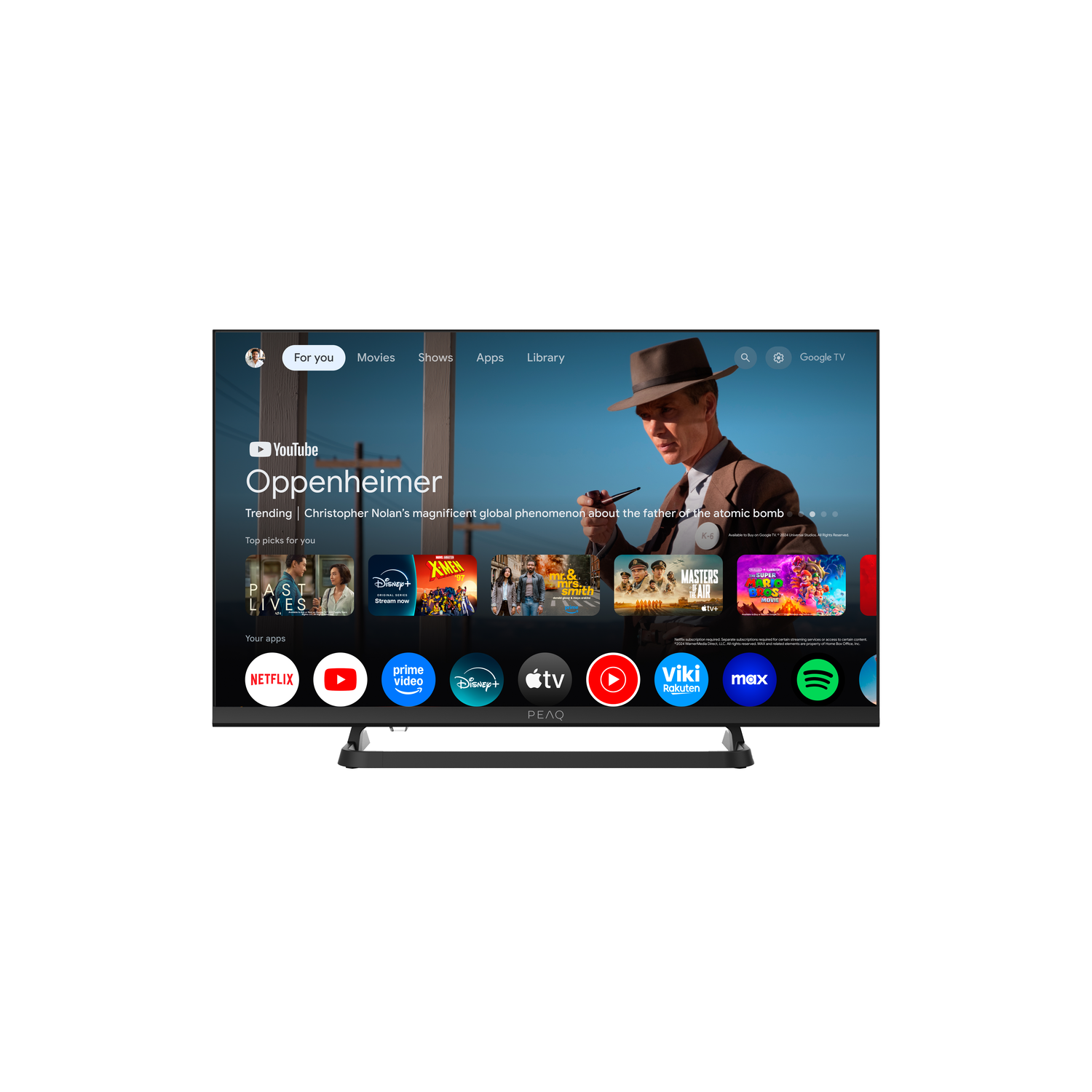 A TV screen displays the YouTube app. The movie Oppenheimer is playing. Several apps are available: Netflix, Prime Video, Disney+.