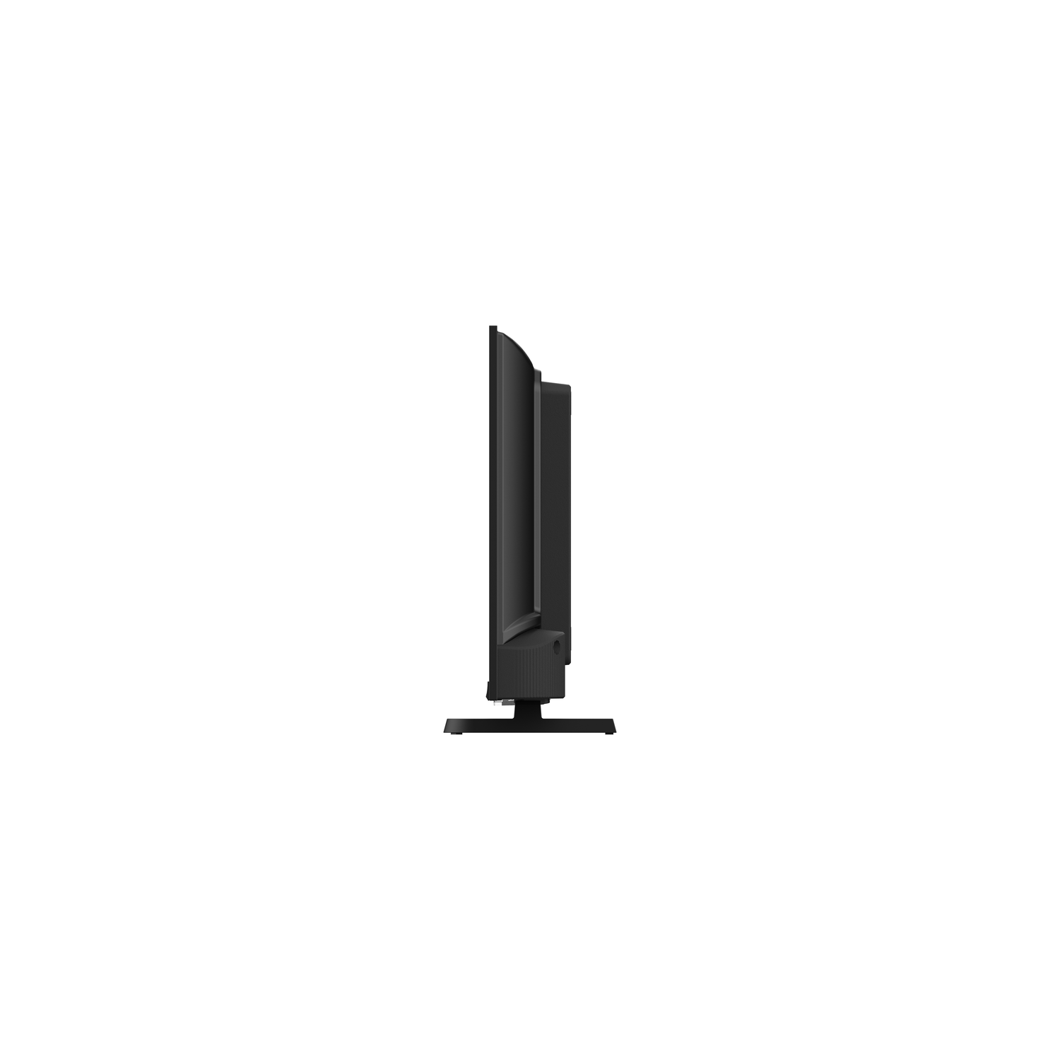 A black TV seen from the side, showing the side profile on a white background.