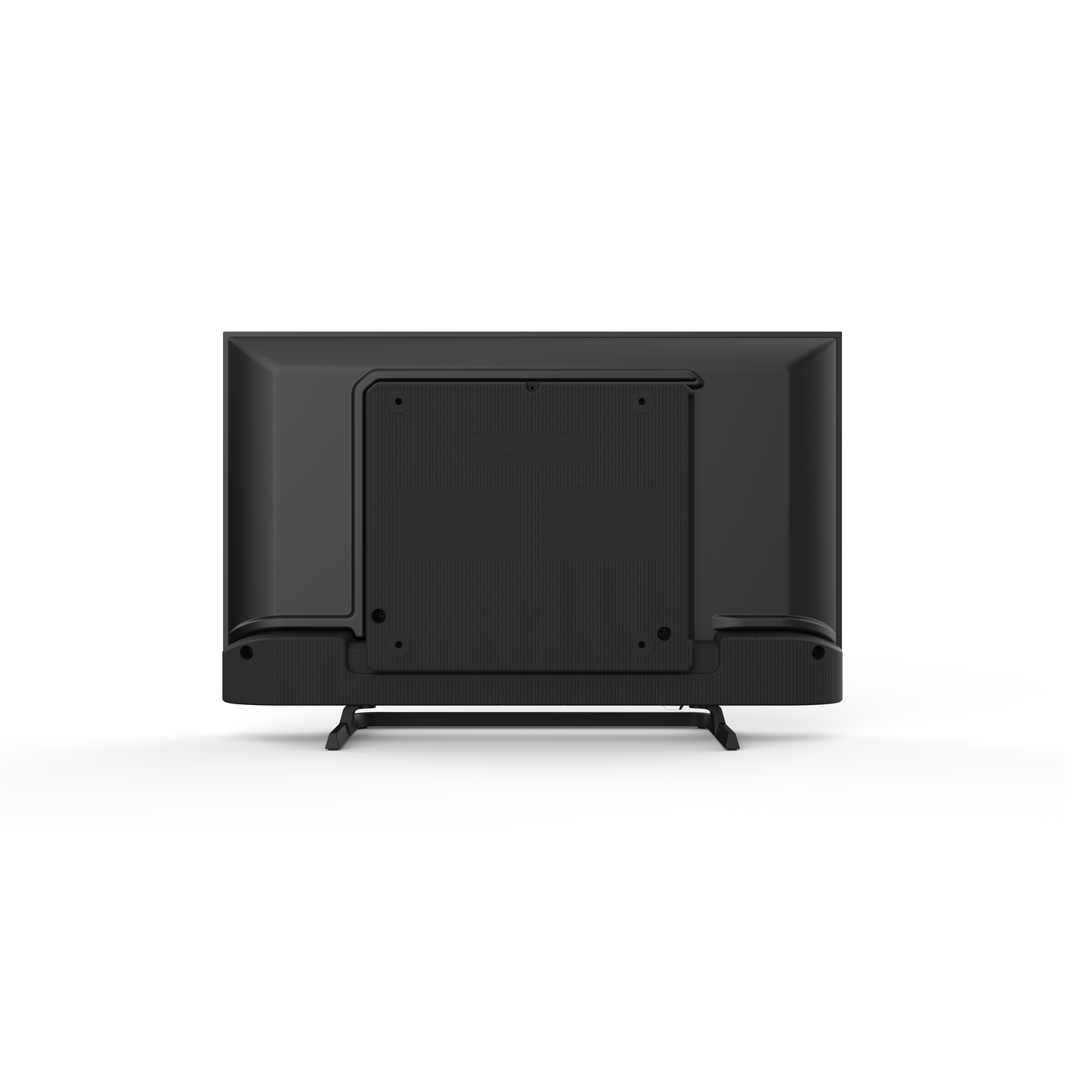The back of a black TV, showing the ports and the stand base.