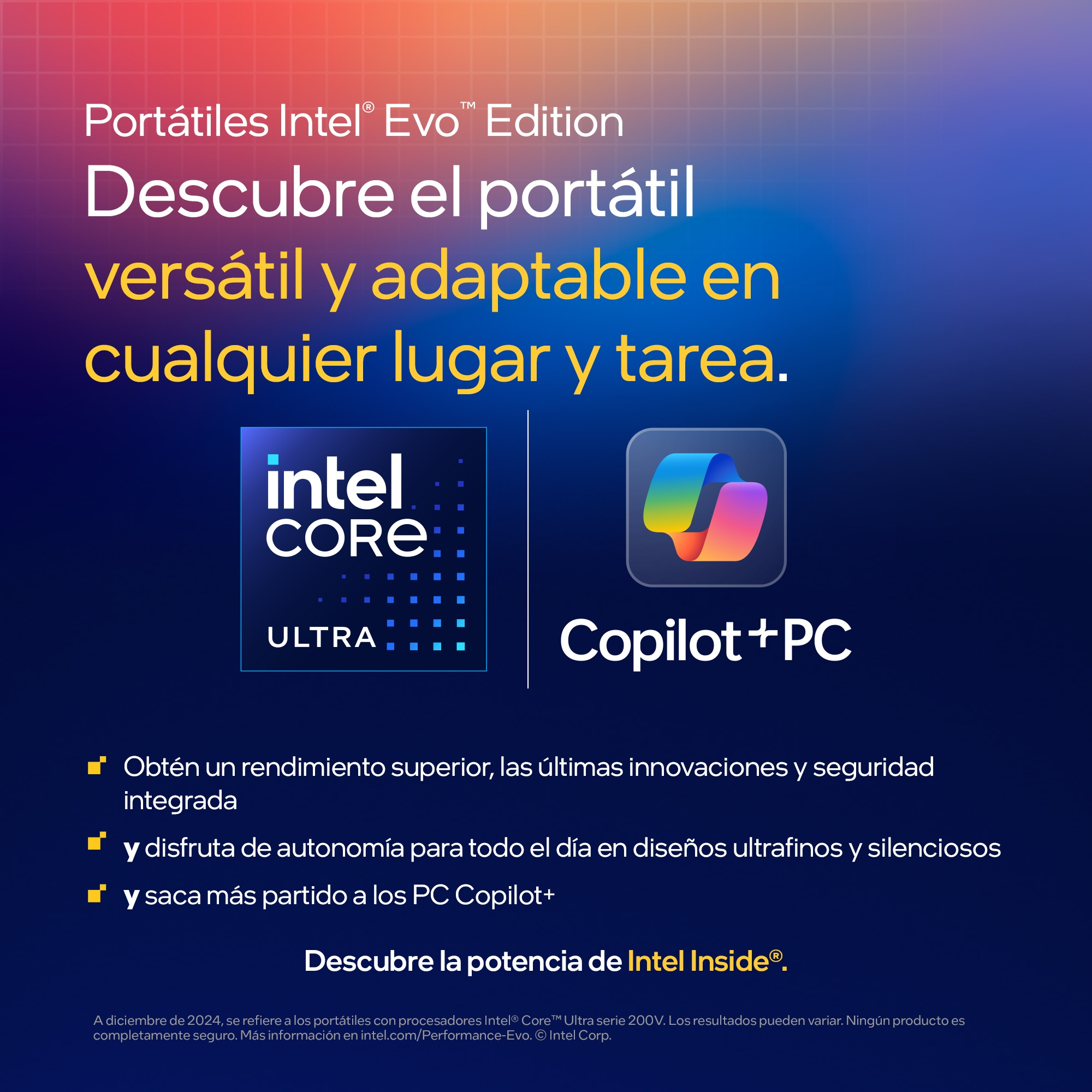 Anuncio de portátiles Intel Evo. Texto: Versátil y adaptable. Logos: Intel Core Ultra, Copilot+PC. Fondo gradiente.