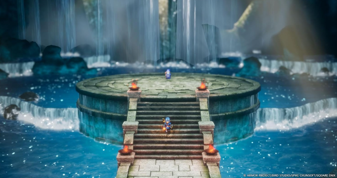 Spielszene: Charaktere auf einer kreisförmigen Plattform mit Wasserfall-Hintergrund.