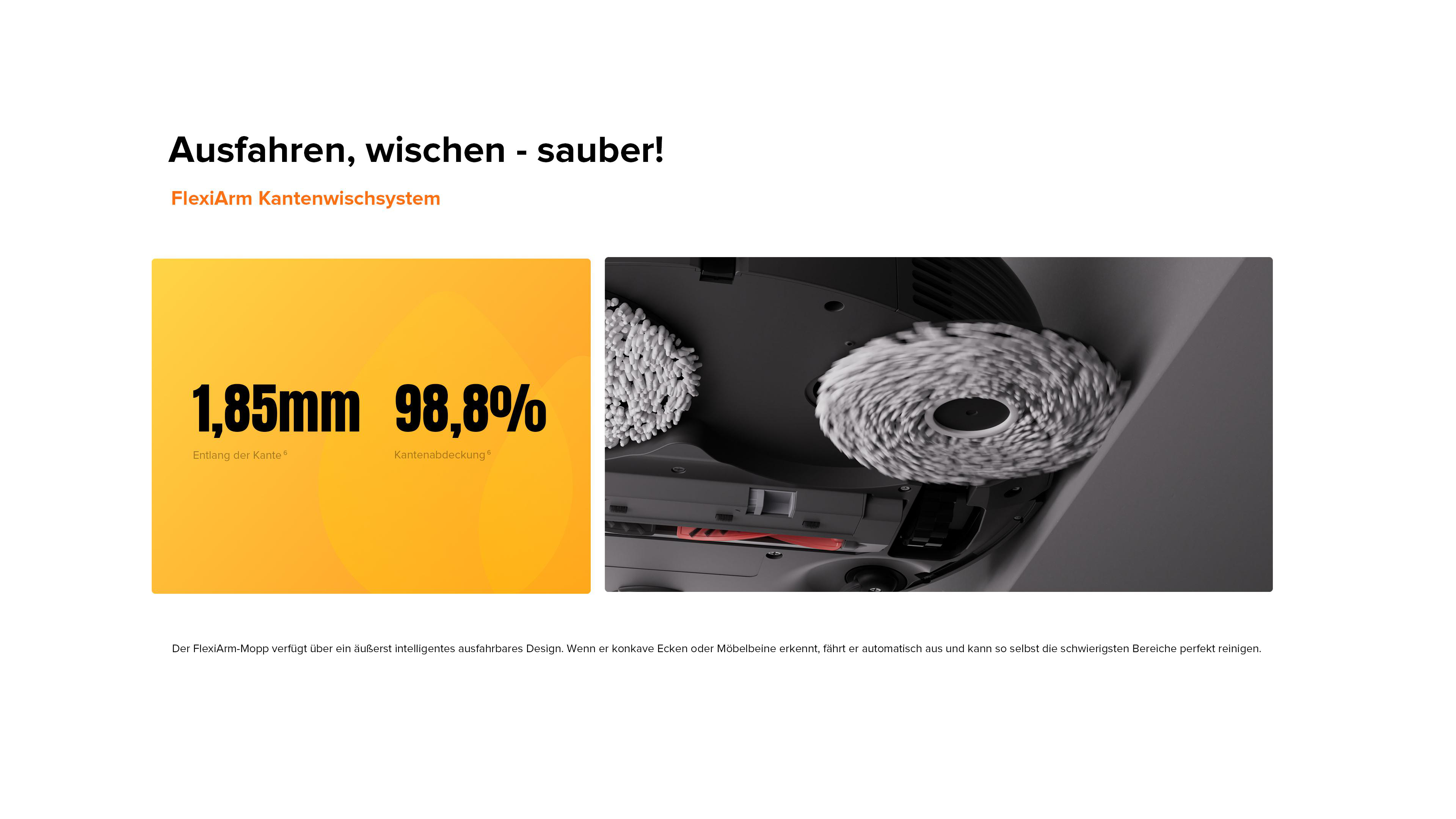 Staubsauger-Anzeige: Walze reinigt die Kante. Text: 1,85 mm Kantenreinigung, 98,8 % Abdeckung.