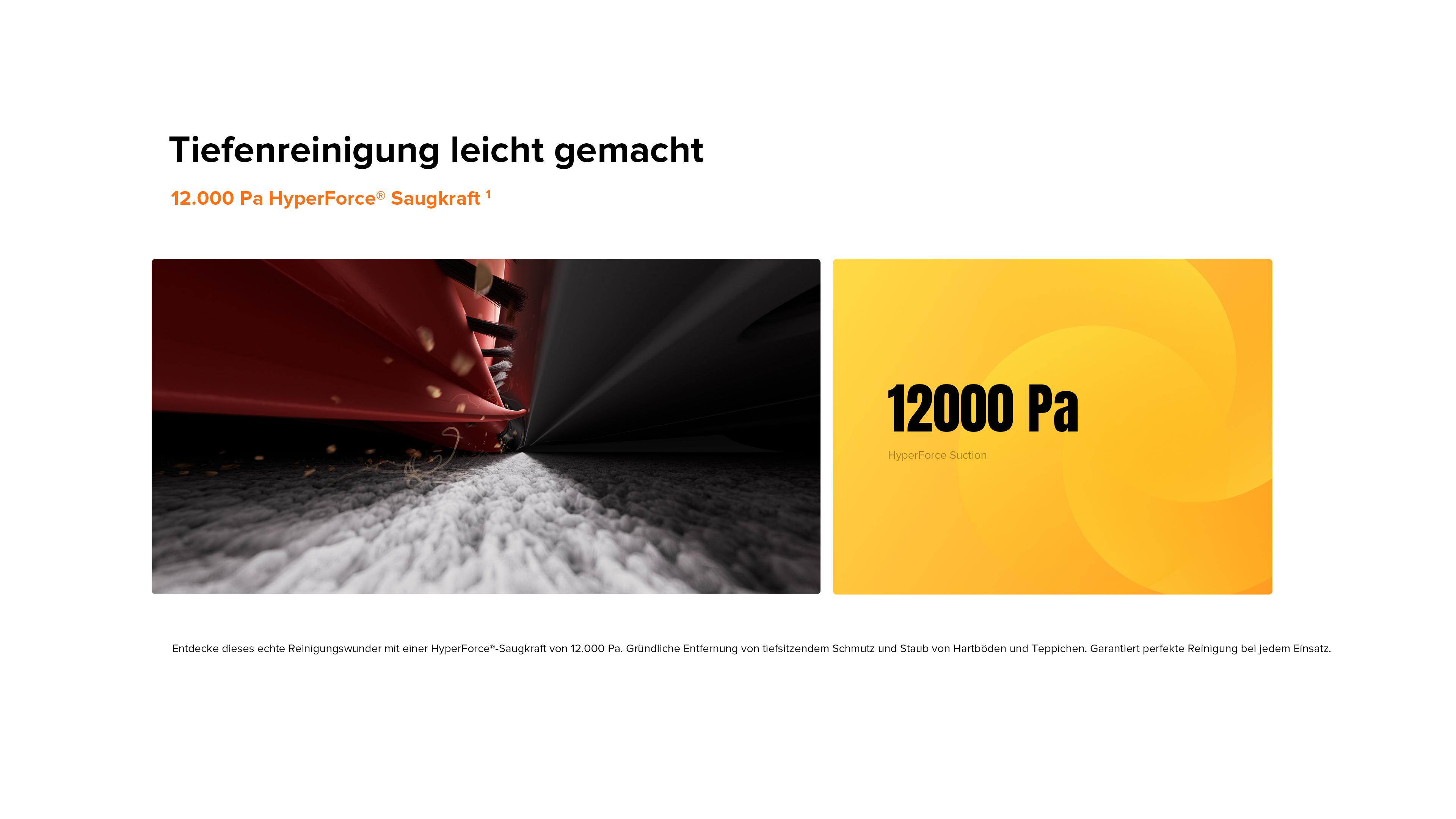 Staubsauger-Anzeige: HyperForce-Saugkraft. Text: 12000 Pa Saugkraft. Nahaufnahme der Bürste.