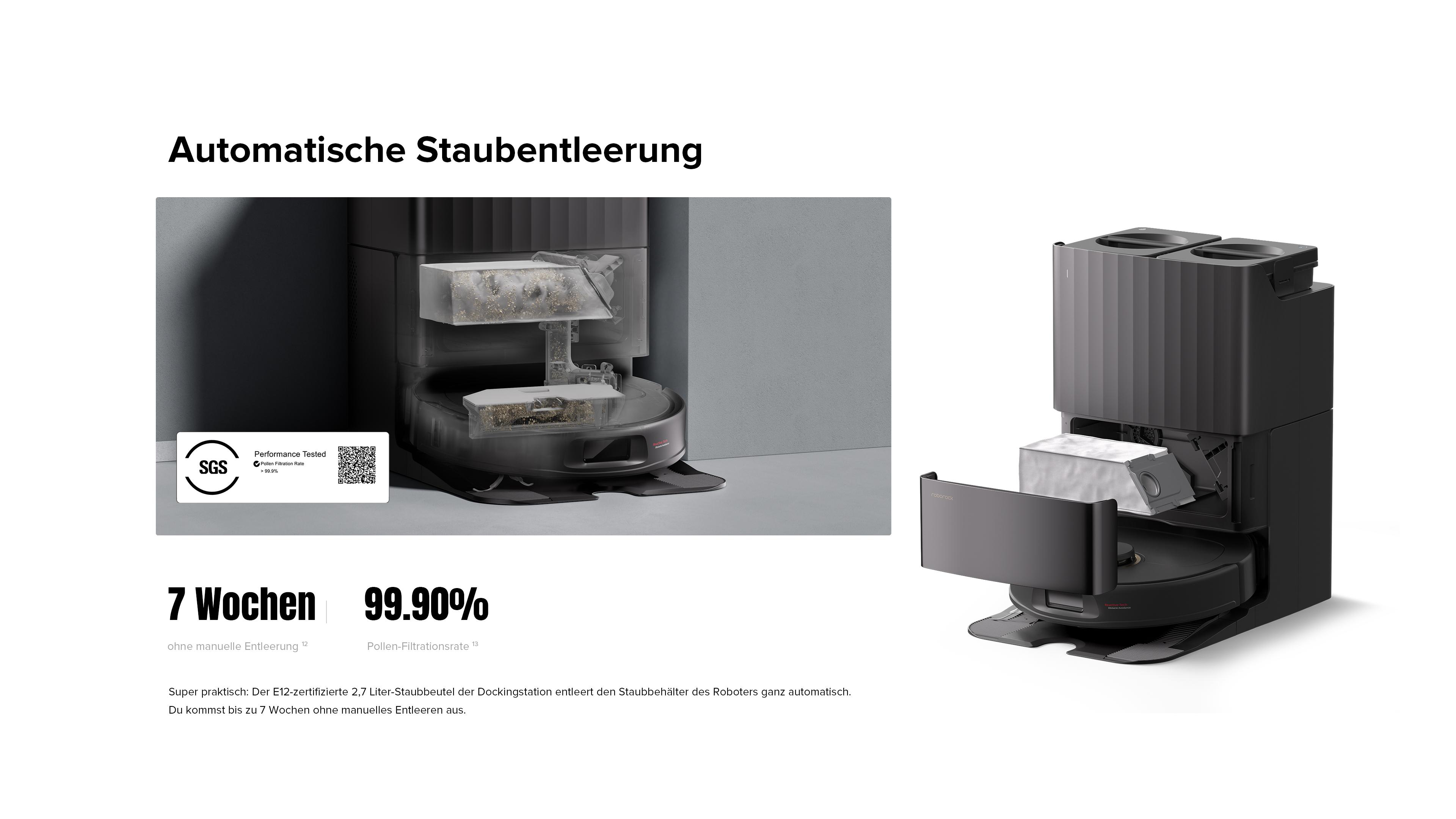 Das Bild zeigt einen Roboter-Staubsauger mit einer automatischen Entleerungsstation. Der Text hebt 7 Wochen Nutzung und 99,90 % Filterung hervor.