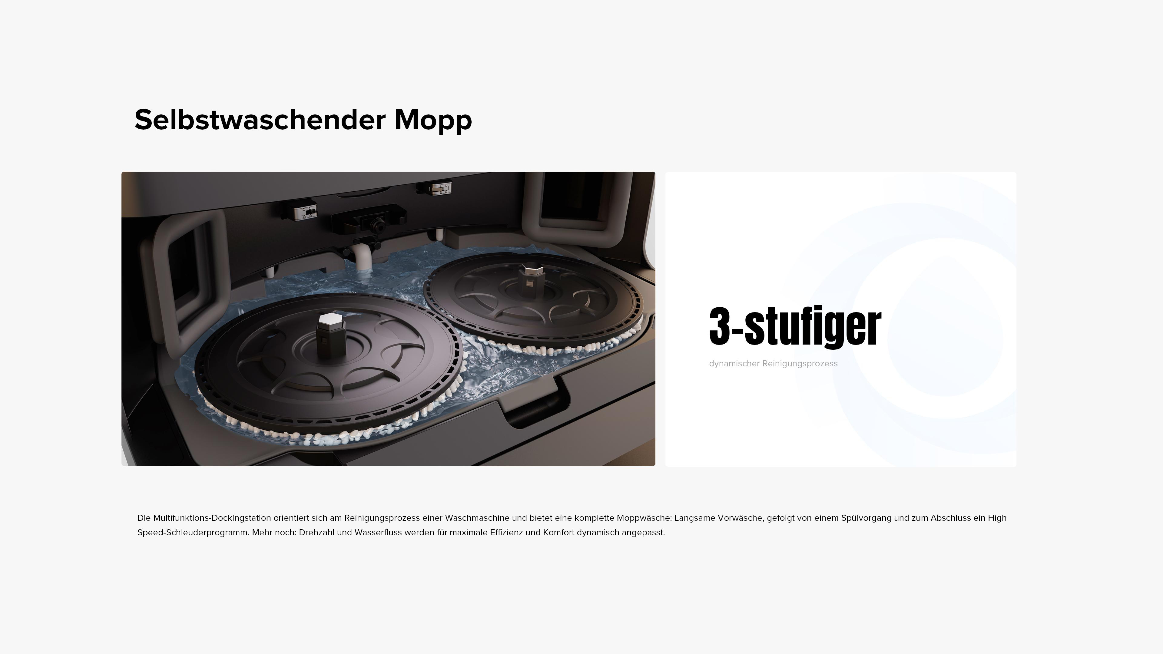 Das Bild zeigt die Selbstwaschfunktion des Wischmopps. Die Wischmoppköpfe befinden sich im Wasser, und der Text hebt einen 3-Stufen-Reinigungsprozess hervor.