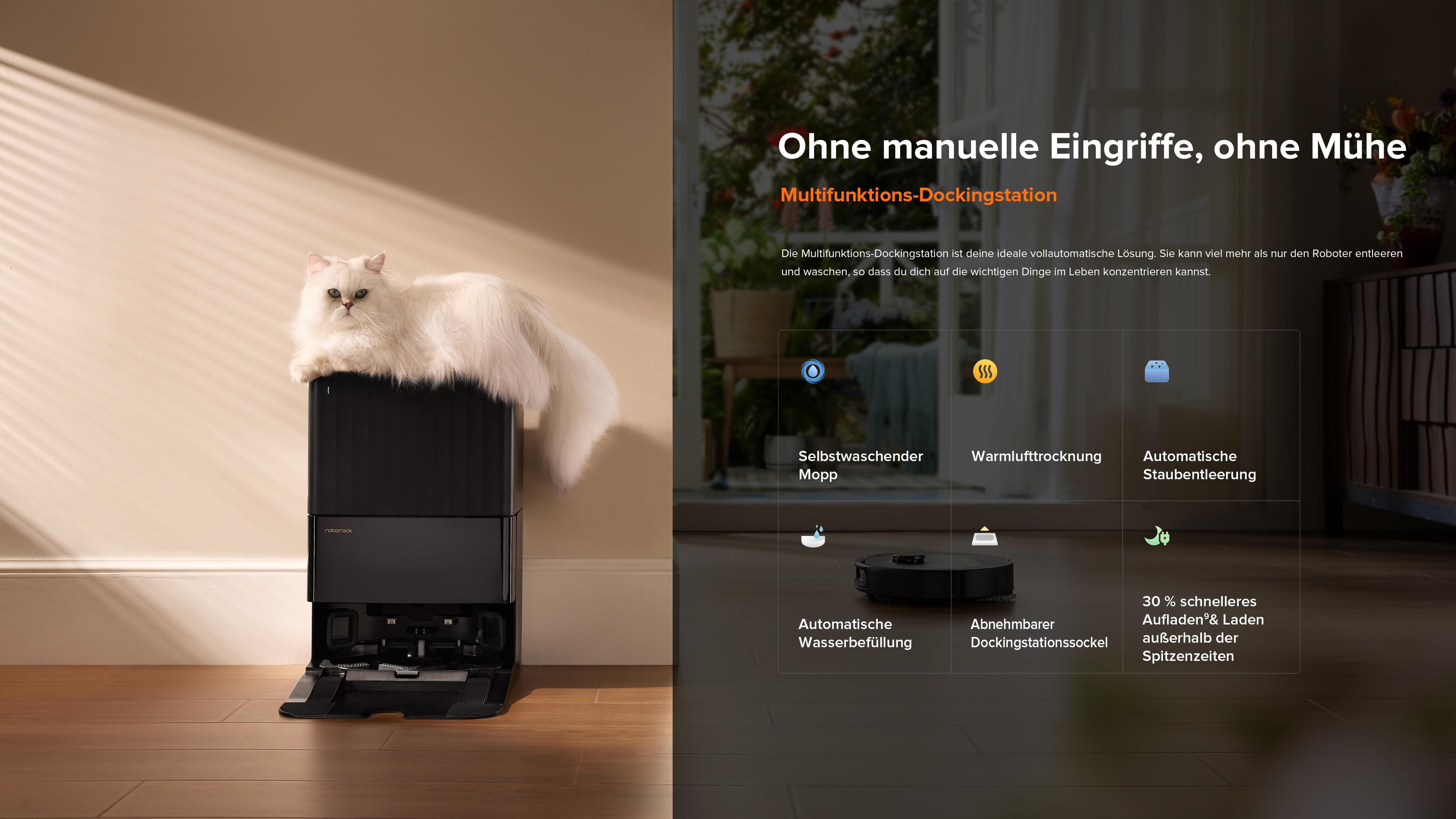 Ein Bild mit einer Katze, die auf einer Roboter-Staubsauger-Station sitzt. Die Station ist geöffnet. Symbole zeigen Funktionen wie Selbstreinigung.
