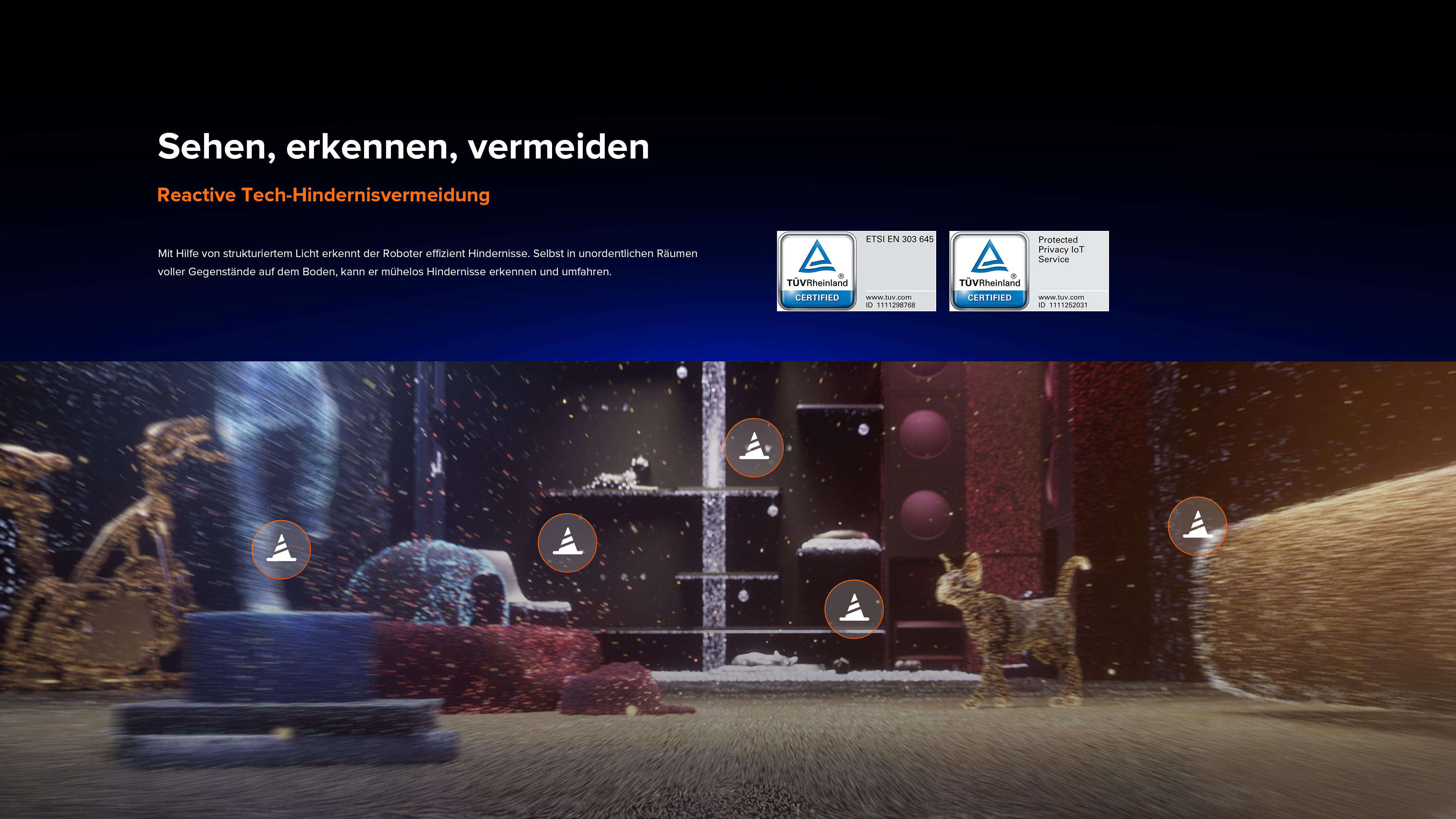 Das Bild zeigt die Reactive Tech Hindernisvermeidung. Zertifikate werden gezeigt. Eine Zeichentrickszene mit Objekten befindet sich im Hintergrund.