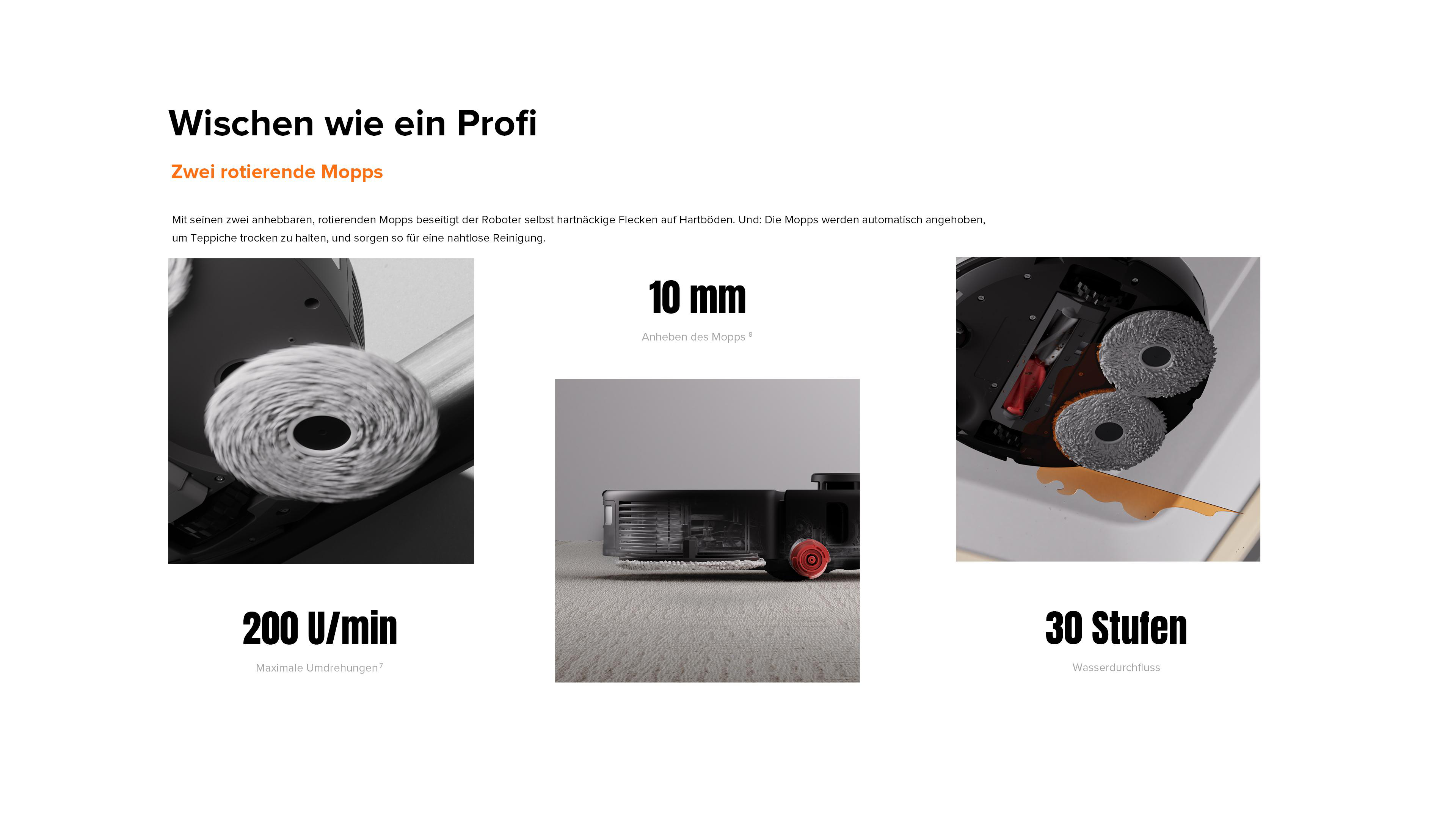 Nahaufnahme eines rotierenden Wischmopps mit Details zu Geschwindigkeit und Funktionen.
