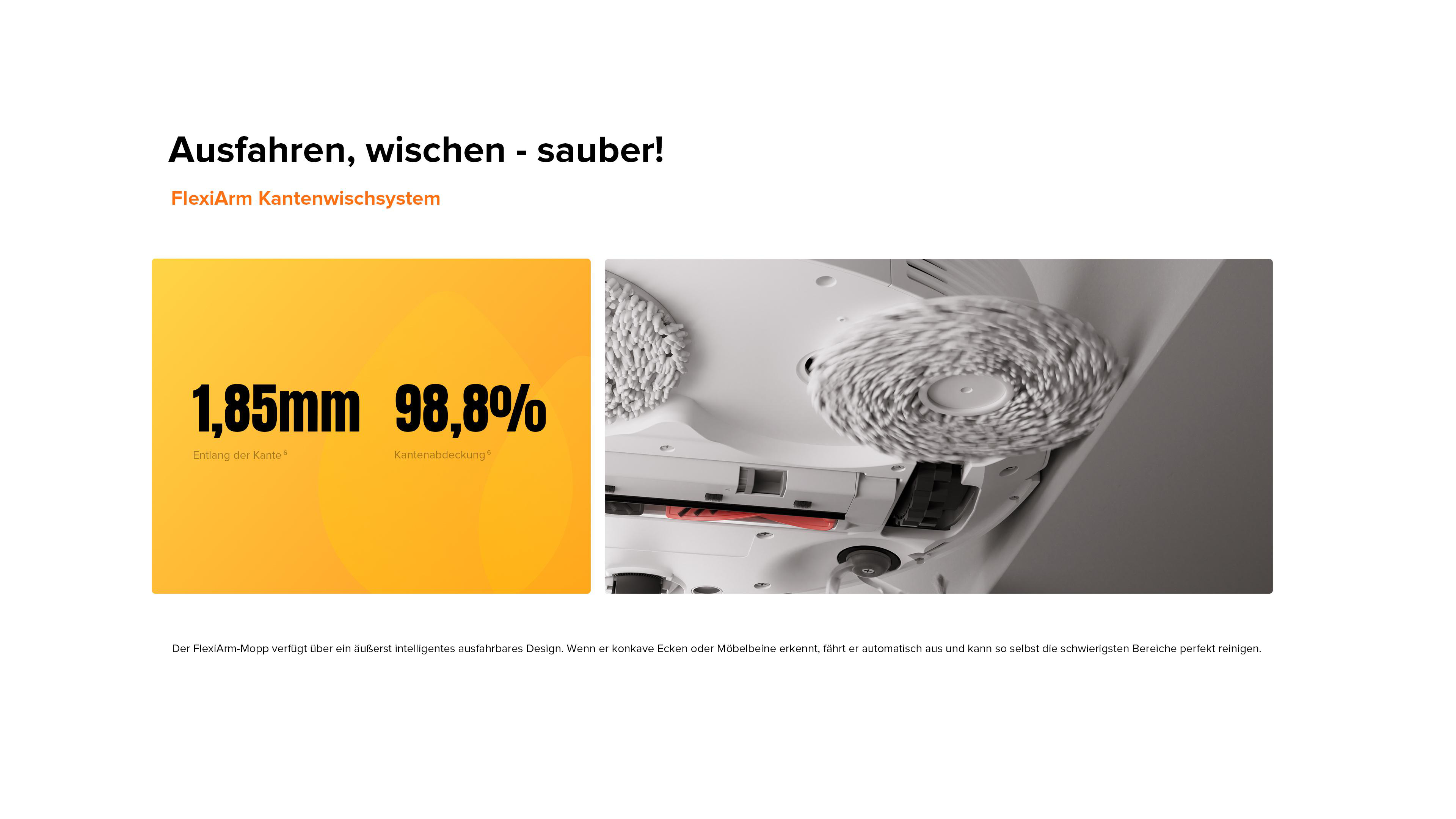 Bild des Roboter-Staubsaugers mit Details zur Reinigungsleistung, einschließlich Kantenreinigung.