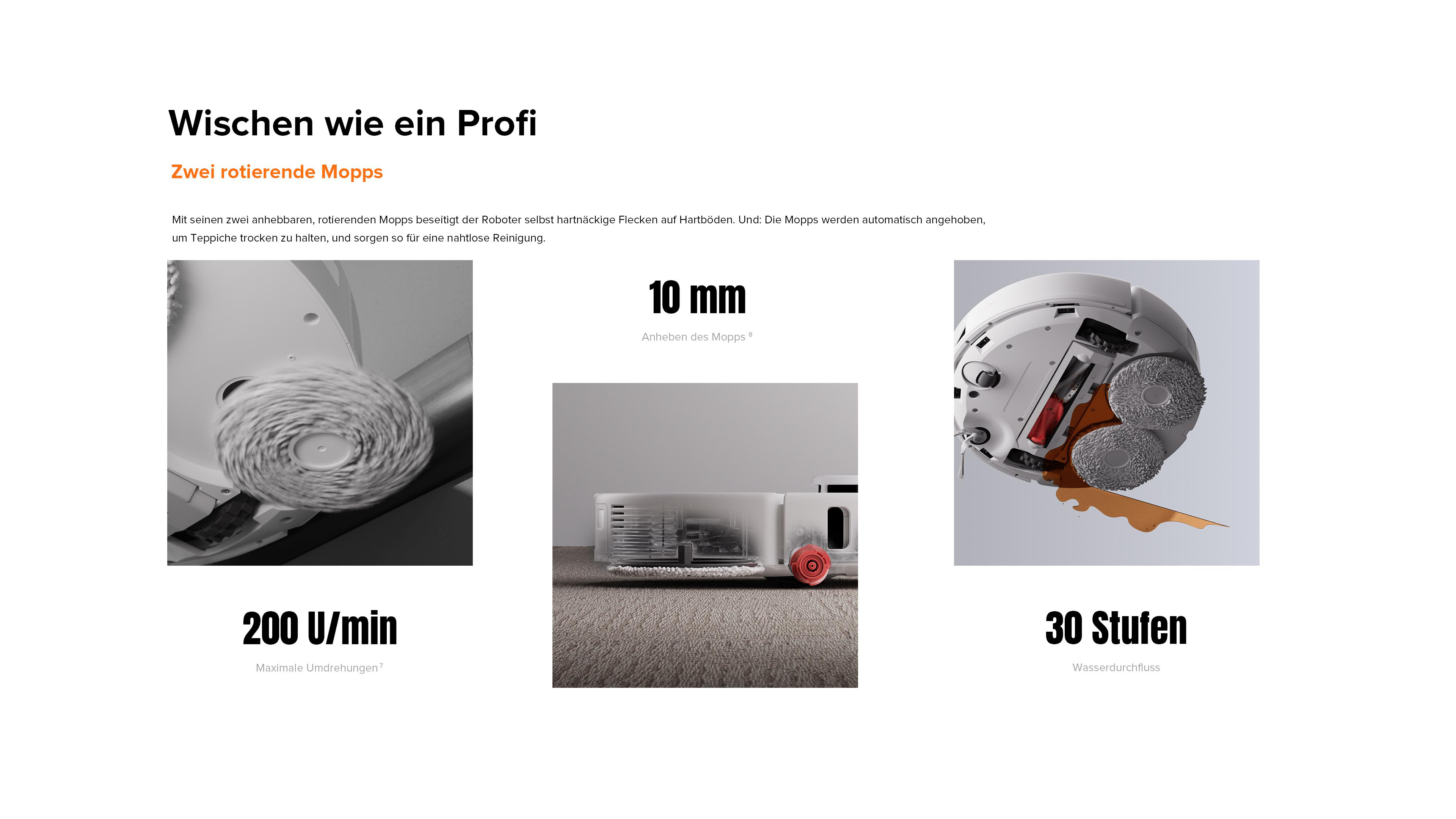 Nahaufnahme eines rotierenden Wischmopps mit Details zu Geschwindigkeit und Funktionen.