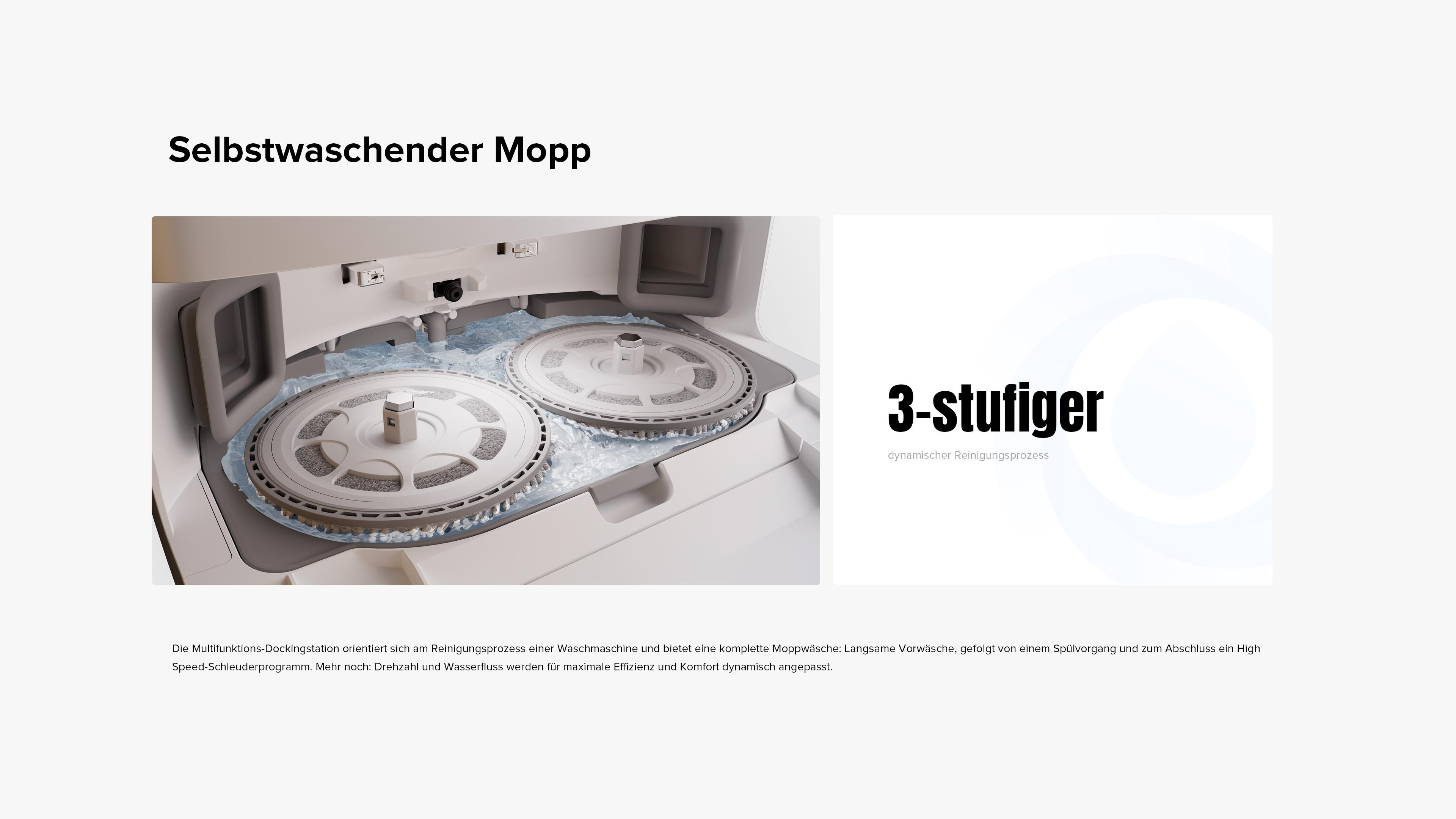 Nahaufnahme des Reinigungsmechanismus eines Roboter-Staubsaugers, der Wasser und rotierende Mopps zeigt.