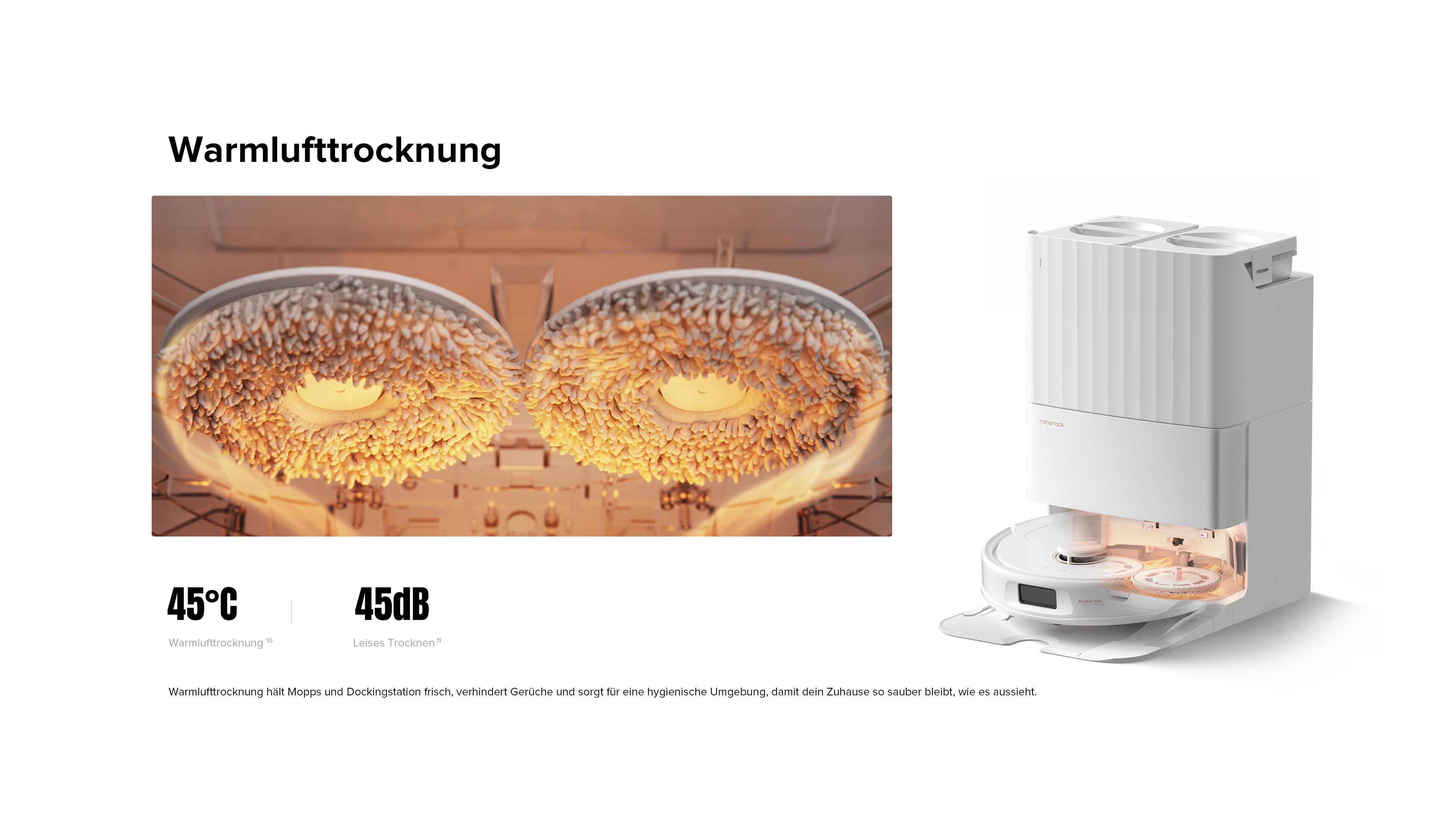 Roboter-Staubsauger mit Trocknungswischmopps, der den Trocknungsprozess und zugehörige Daten zeigt.