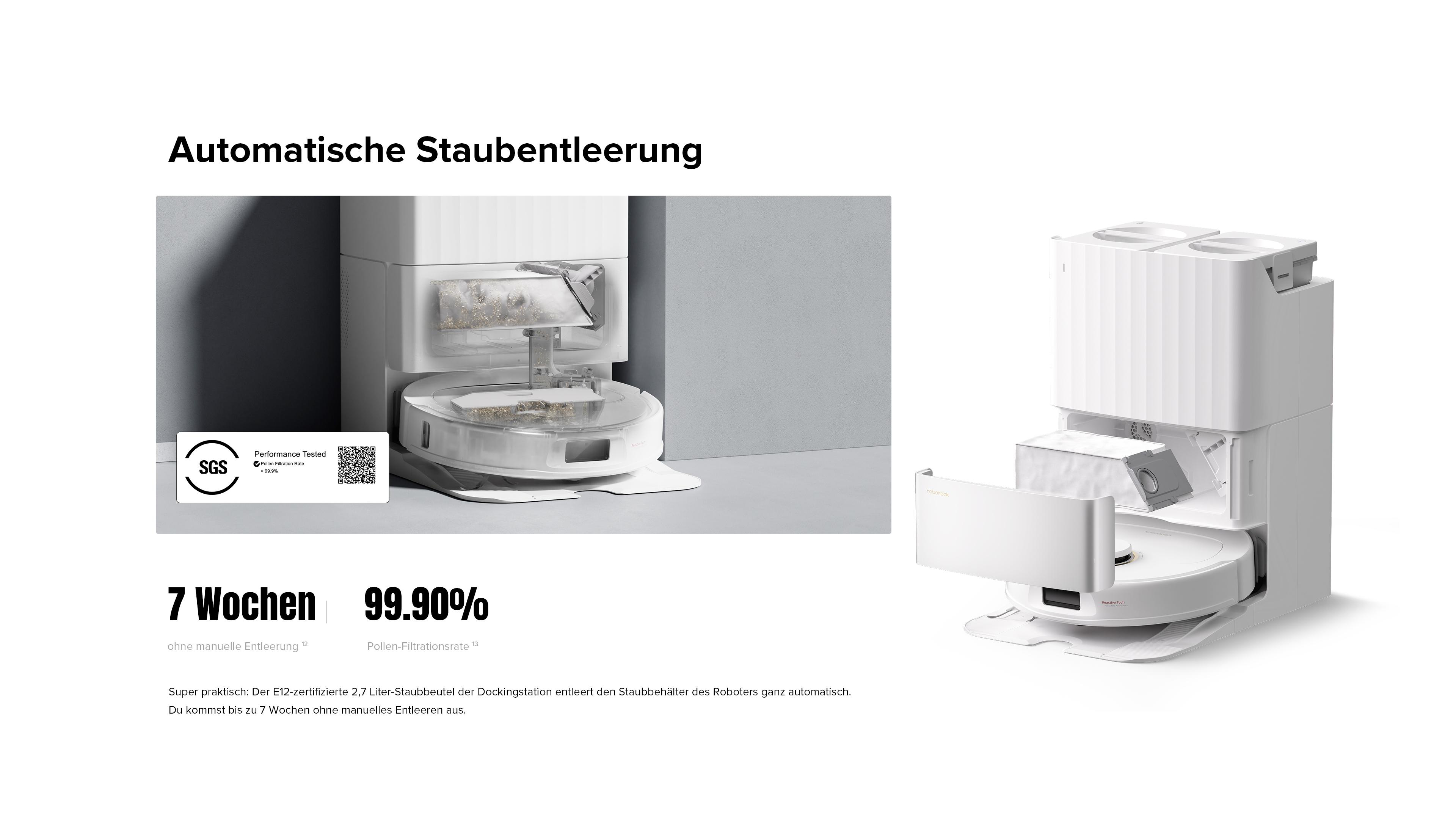 Roboter-Staubsauger mit automatischer Staubentleerung, zeigt den Prozess und zugehörige Daten.