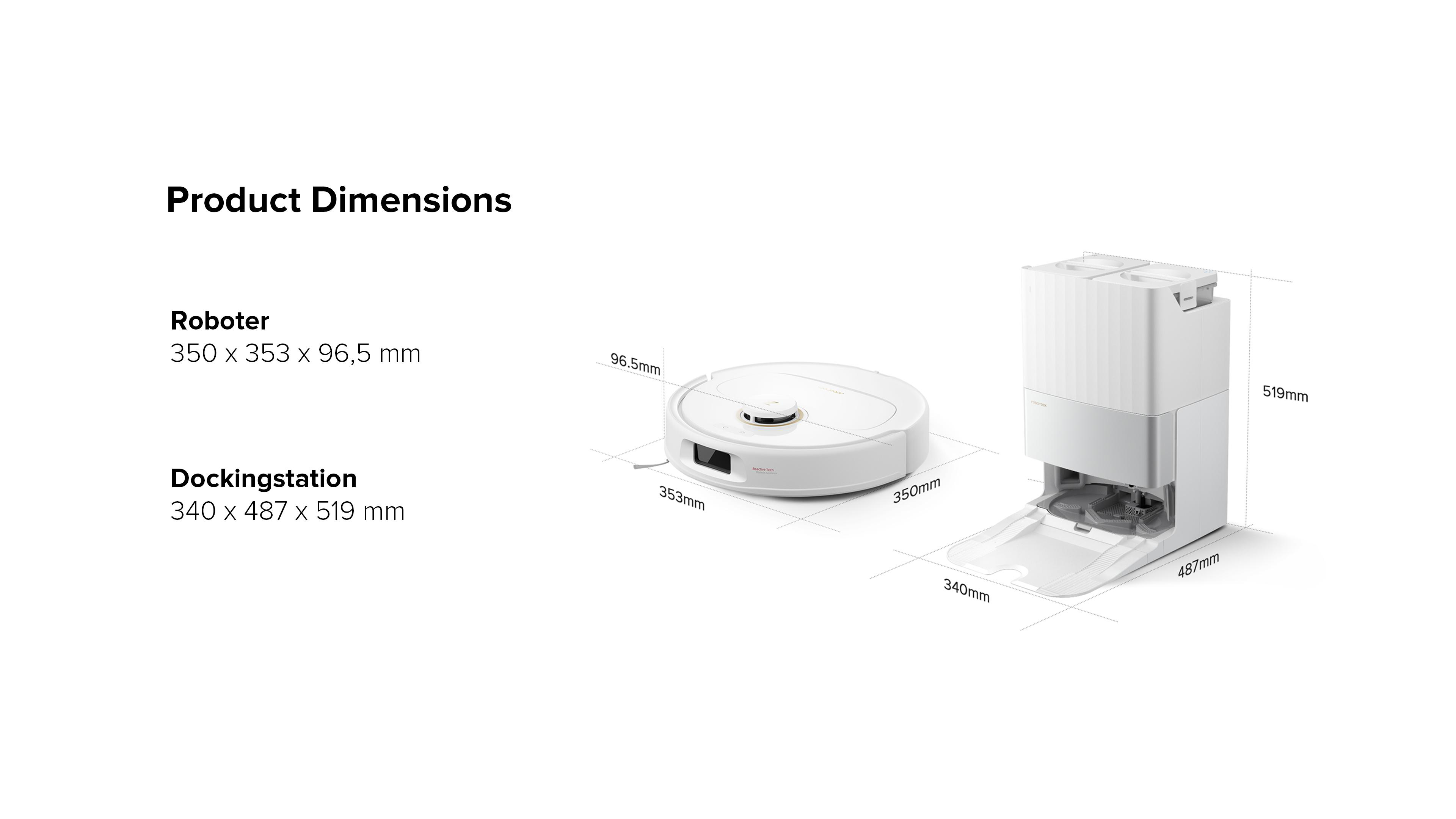 Diagramm mit Abmessungen von Roboter-Staubsauger und Dockingstation, mit Maßen in mm.