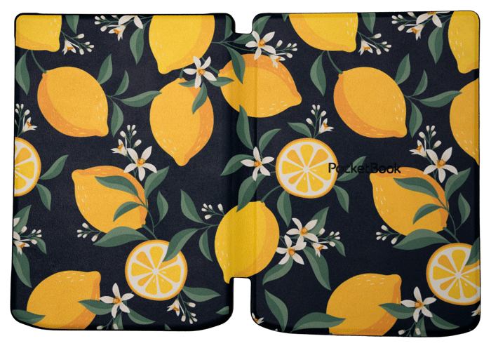 Offene PocketBook-Hülle mit Zitronenmuster auf dunklem Hintergrund. Zitronen, Blätter und Blüten sind sichtbar.