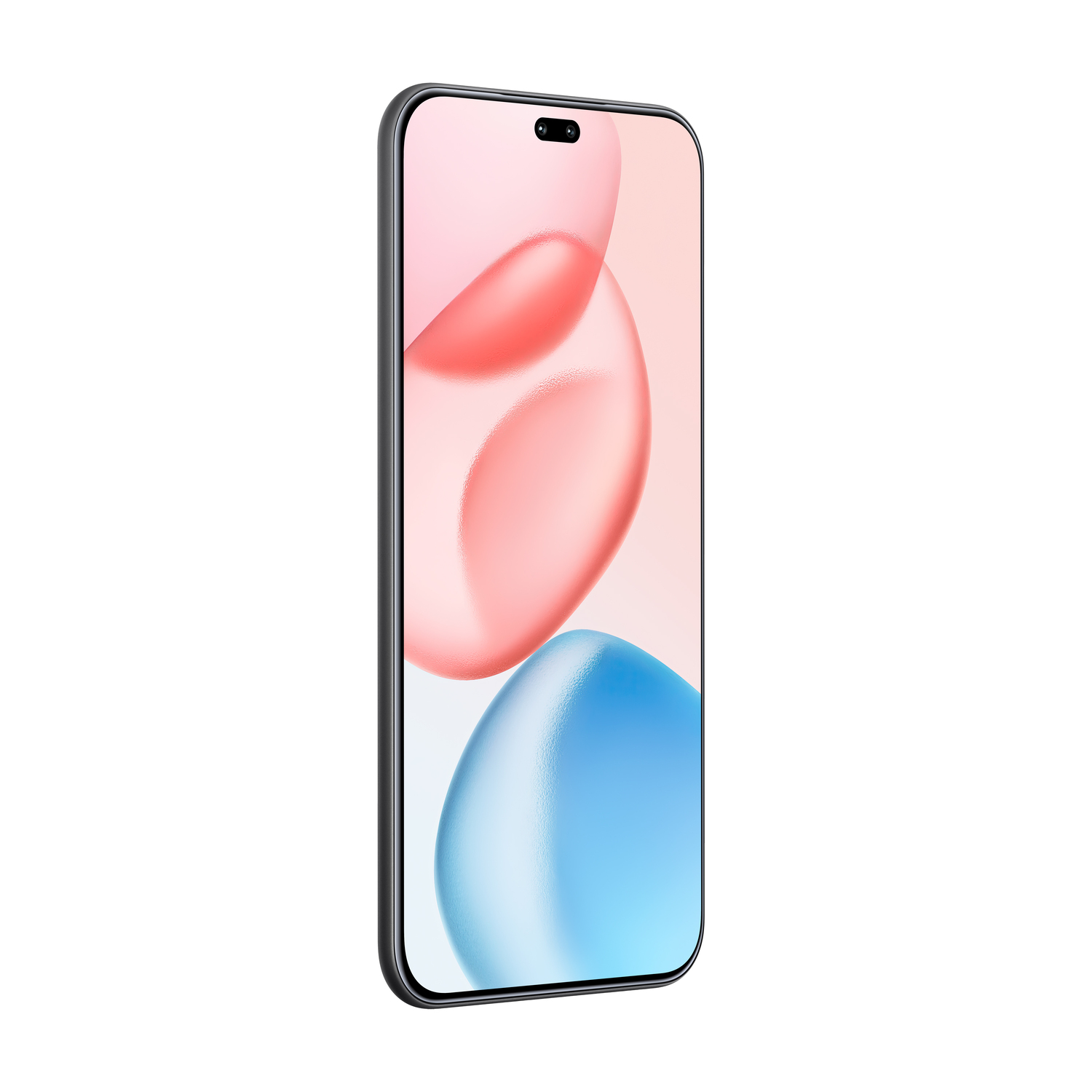 A phone with a display showing pink and blue abstract shapes, from the side.